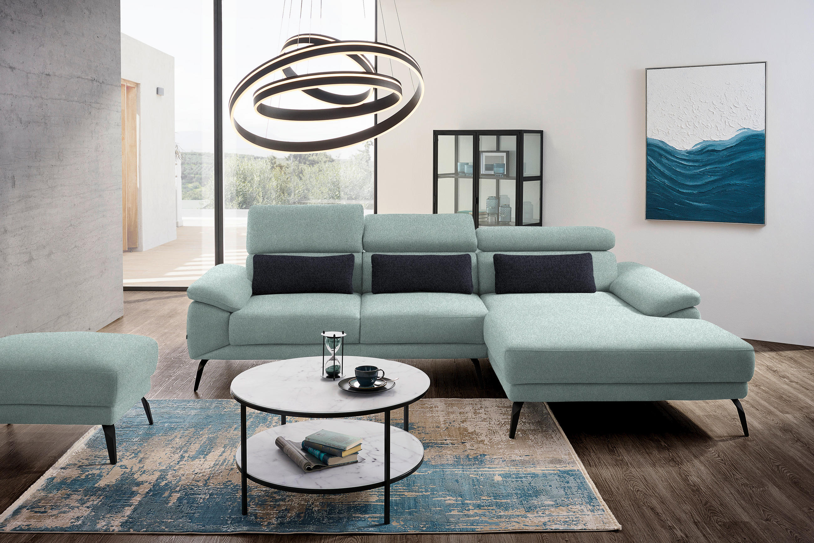 ECKSOFA in Velours Mintgrün  - Schwarz/Mintgrün, Design, Textil/Metall (295/187cm) - Novel