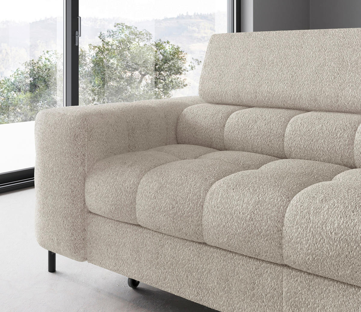 ECKSOFA FERUCCE Creme Teddystoff Bettkasten, Kopfteilverstellung  - Creme/Schwarz, Design, Textil/Metall (276/200cm) - MID.YOU