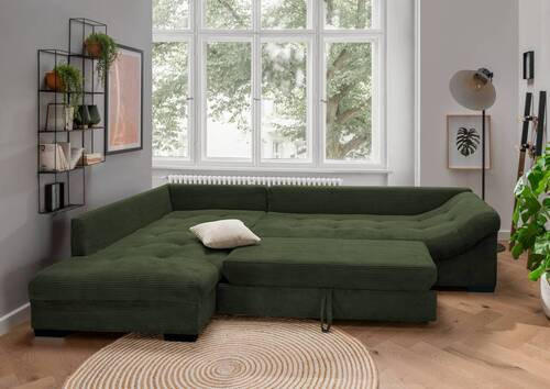 Thumbnail - Mid.you Ecksofa, Dunkelgrün, Textil, Buche, Streifen, 4-Sitzer, Füllung: Schaumstoff, Ottomane links, L-Form, 298x202 cm...