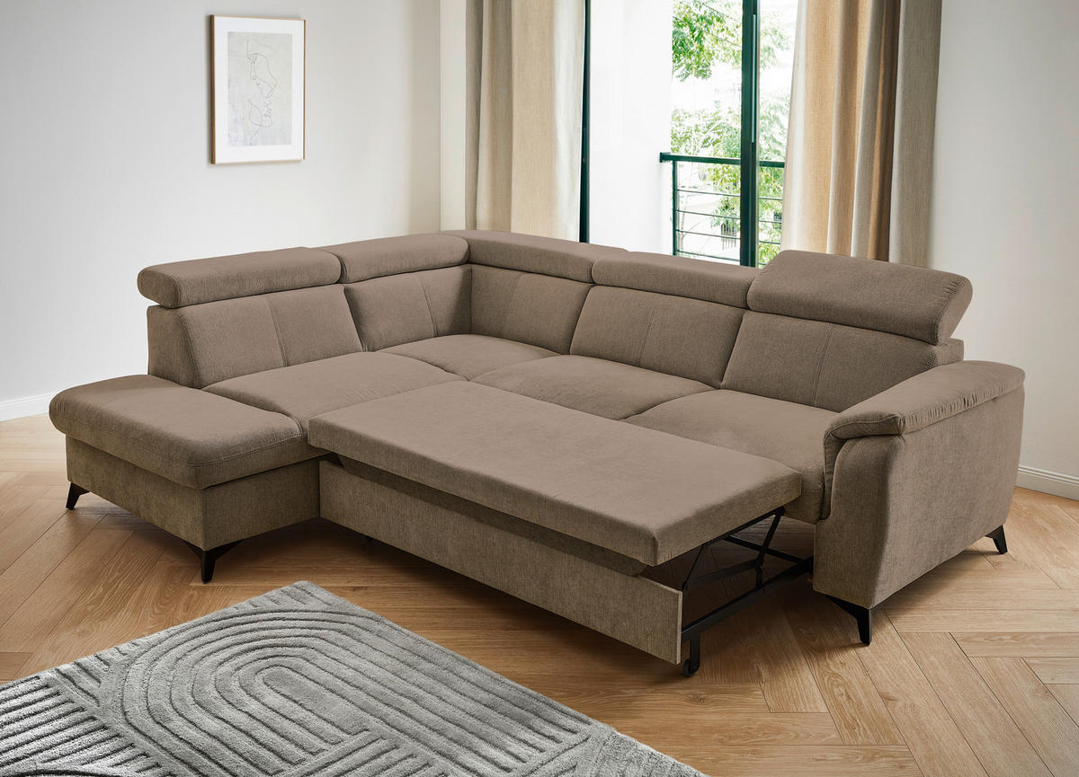 Ecksofa inkl. Funktionen in Chenille Braun, Schlammfarben  - Schlammfarben/Schwarz, Design, Textil/Metall (203/260cm) - Stylife