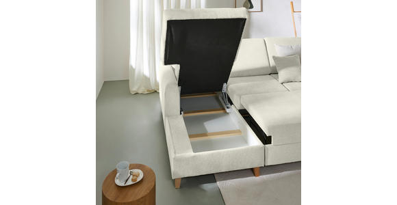 ECKSOFA Creme Flachgewebe Bettkasten, Schlaffunktion, Rücken echt, Kopfstütze, Liegefläche im Originalstoff  - Buchefarben/Creme, KONVENTIONELL, Holz/Textil (166/241cm) - Carryhome