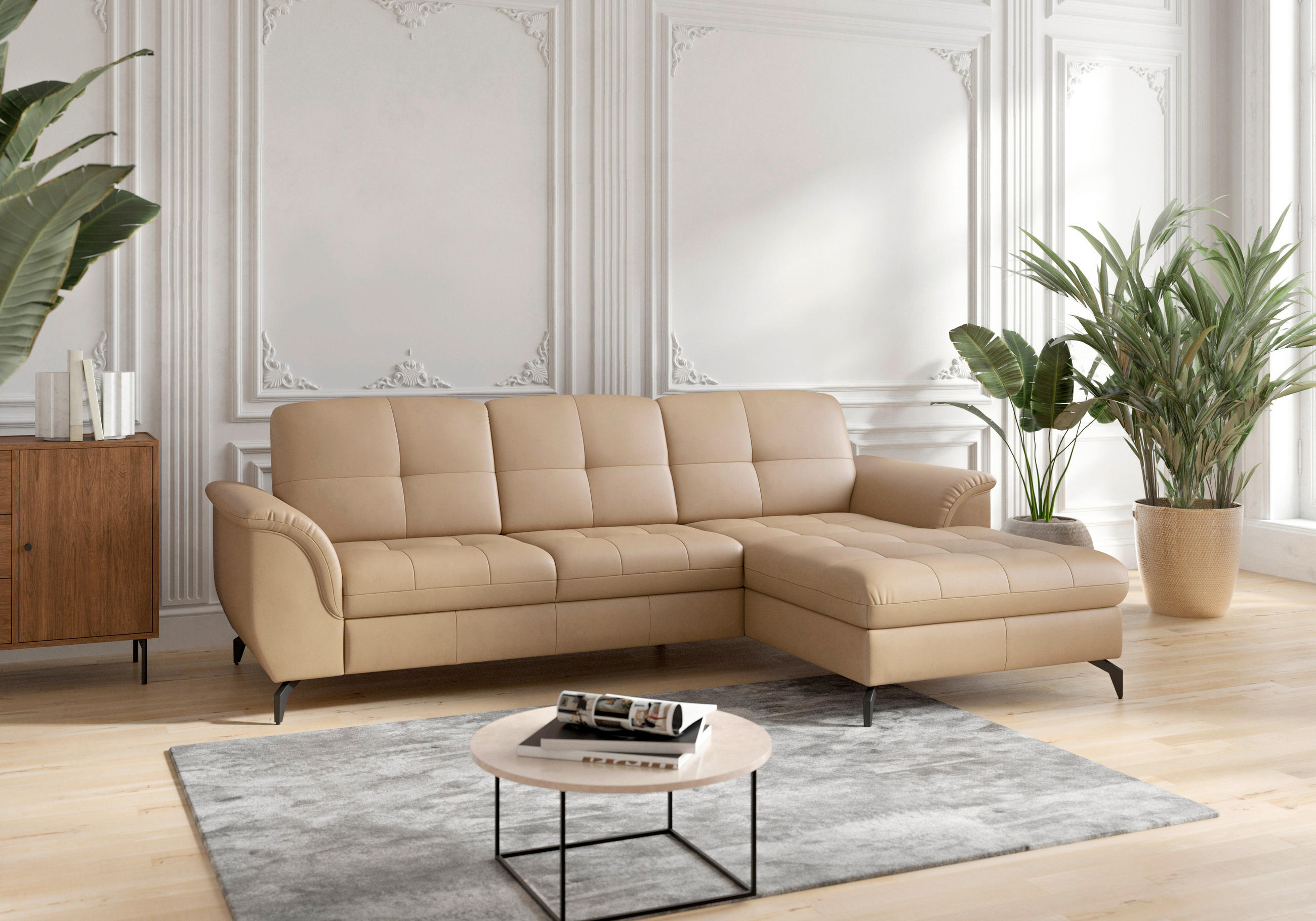 ECKSOFA in Echtleder Cappuccino  262/164 cm  - Schwarz/Cappuccino, MODERN, Leder/Metall (262/164cm) - Sit & More