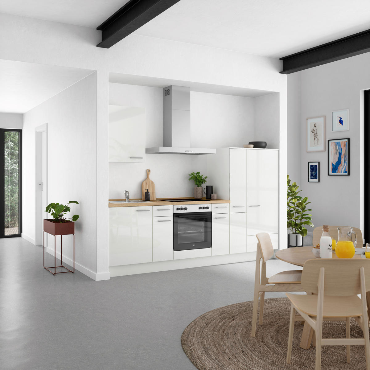 KÜCHENLEERBLOCK 270 cm   in Eichefarben, Weiß Hochglanz  - Edelstahlfarben/Eichefarben, MODERN, Holzwerkstoff/Metall (270cm) - Nobilia