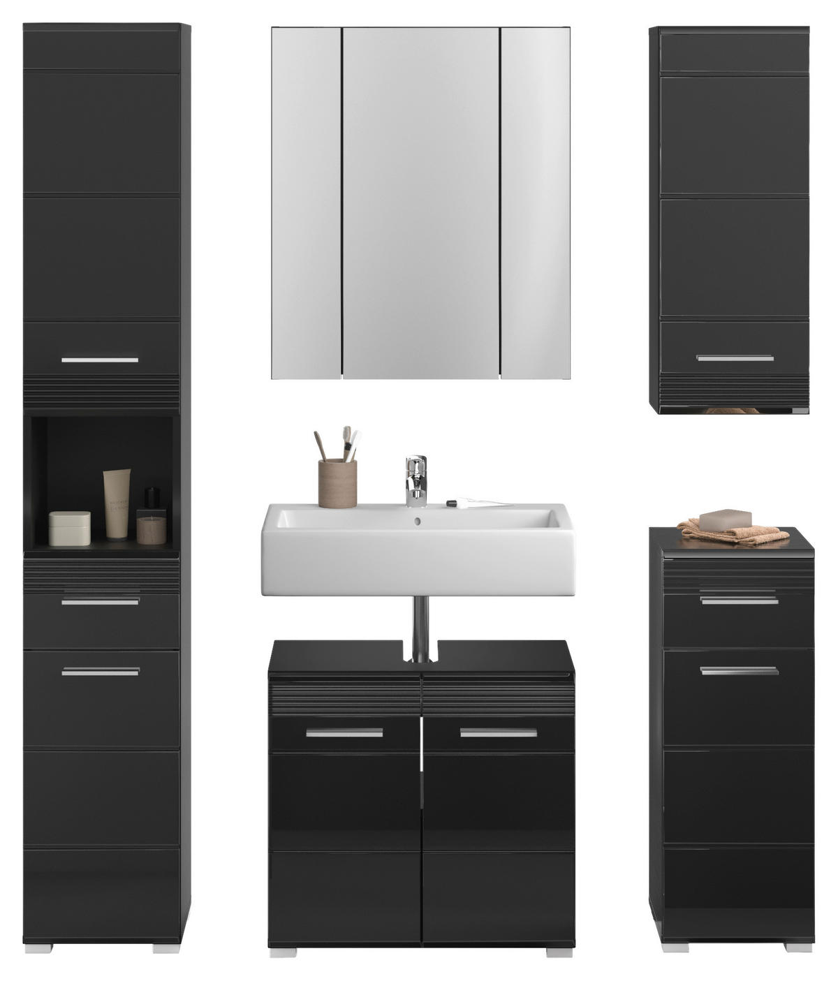 BADEZIMMER 5-teilig  in 120 cm  - Schwarz Hochglanz/Silberfarben, MODERN, Glas/Holzwerkstoff (120cm) - MID.YOU