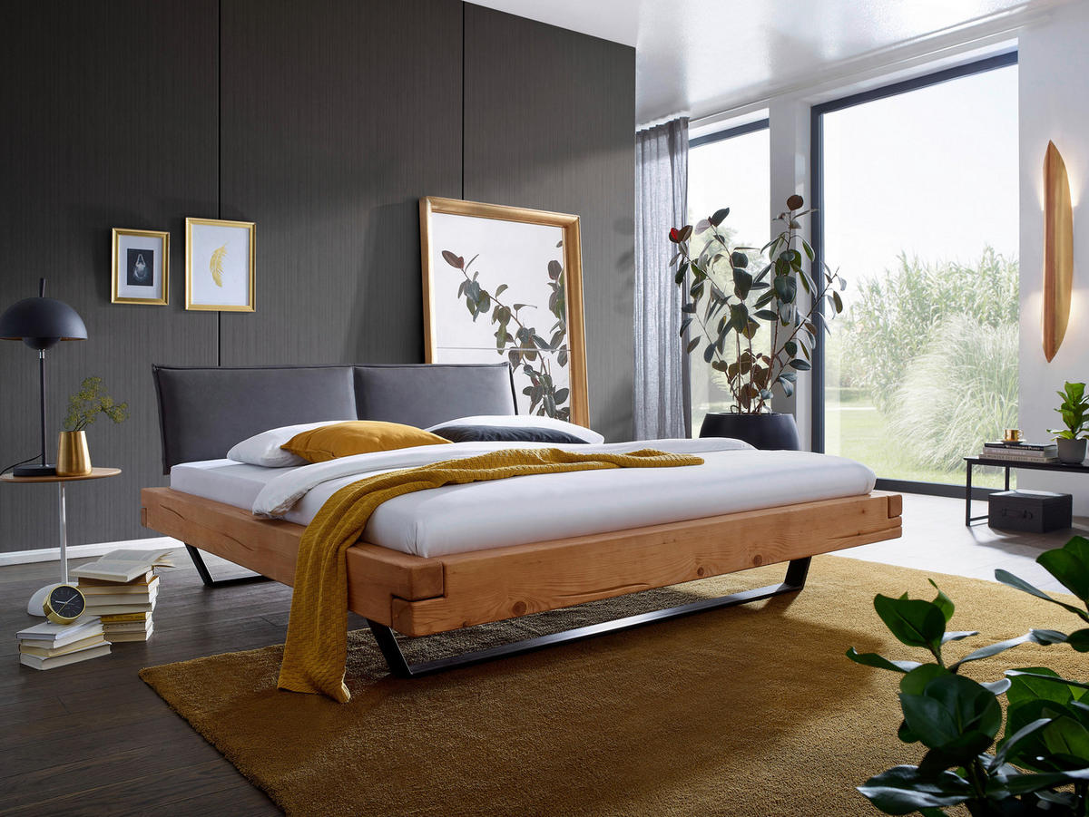 TÖMÖRFA ÁGY 180/200 cm  tölgyfa, borostyánszínű  - fekete/borostyánszínű, Modern, textil/fa (180/200cm) - Livetastic