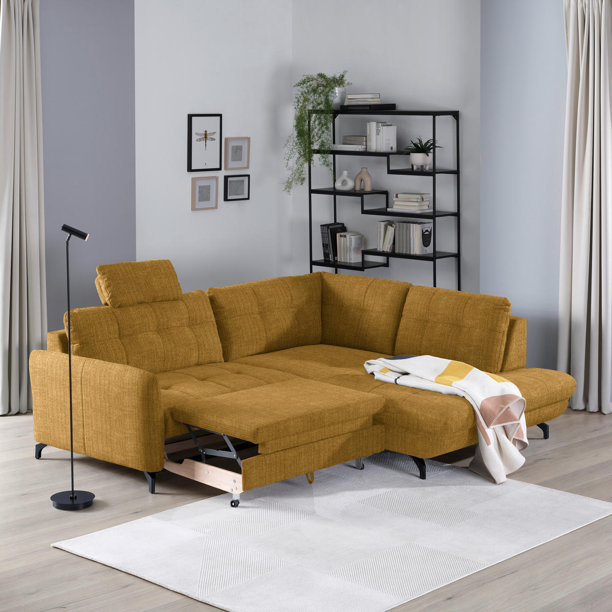 ECKSOFA in Flachgewebe, Leinenoptik Currygelb  247/208 cm  - Currygelb/Schwarz, MODERN, Textil/Metall (247/208cm) - Xora