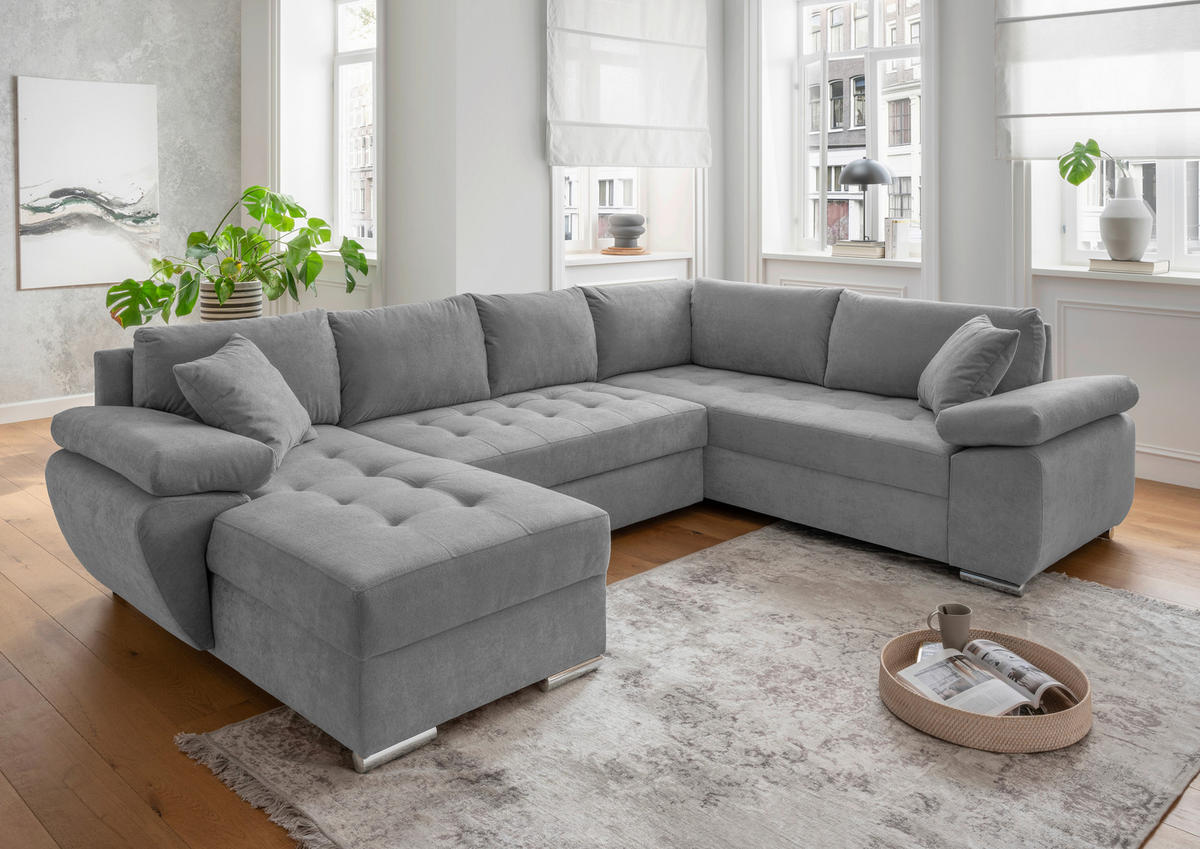 WOHNLANDSCHAFT in Mikrofaser Silberfarben  - Chromfarben/Silberfarben, Konventionell, Textil/Metall (157/305/219cm) - Livetastic