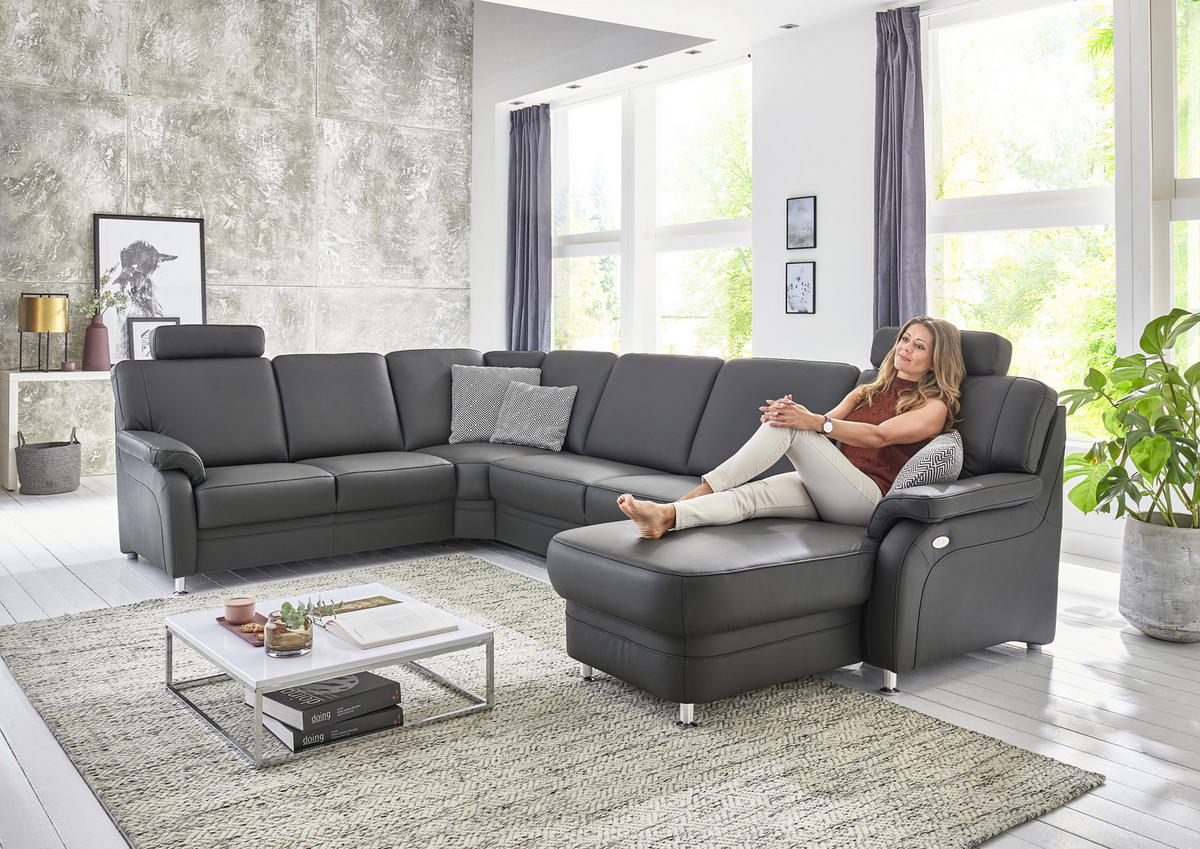 WOHNLANDSCHAFT Anthrazit Echtleder  - Anthrazit/Alufarben, KONVENTIONELL, Leder/Metall (239/329/165cm) - Beldomo Premium