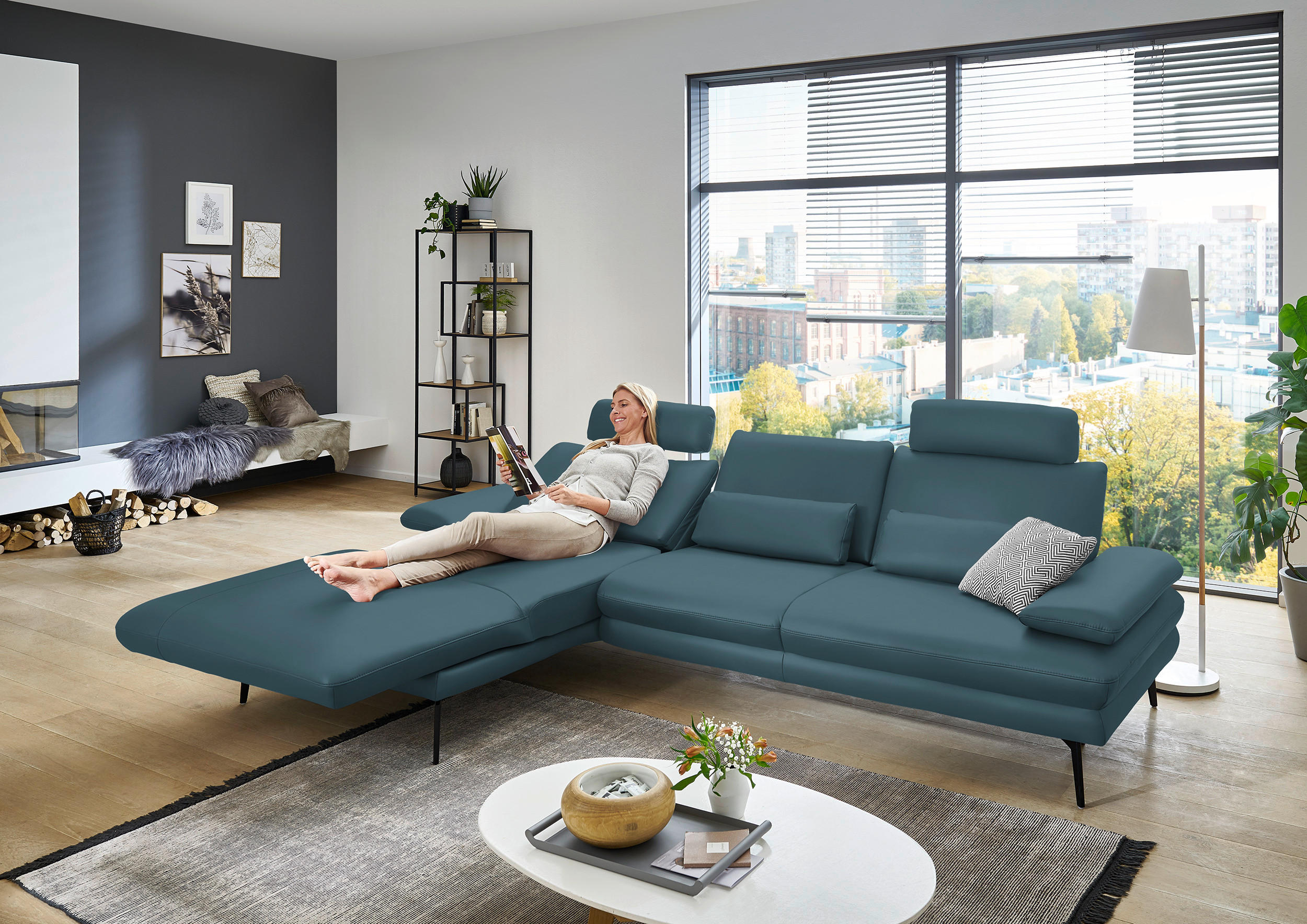 ECKSOFA in Echtleder Blau  - Blau/Schwarz, Design, Leder/Metall (180/310cm) - Dieter Knoll
