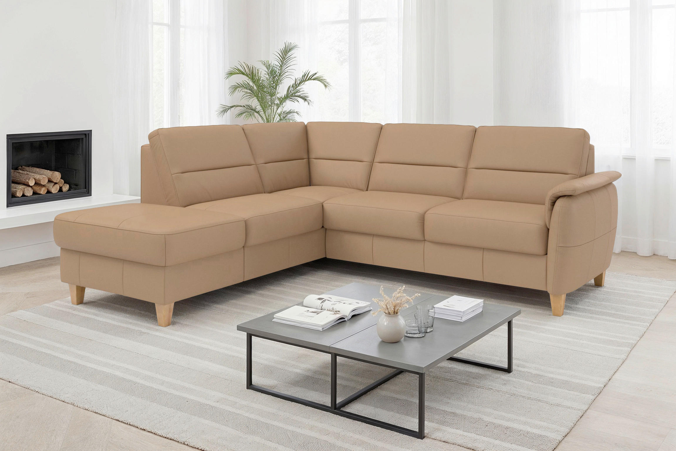 ROHOVÁ SEDAČKA, kůže, cappuccino - barvy dubu/cappuccino, Basics, dřevo/kůže (212/236cm) - Sit & More