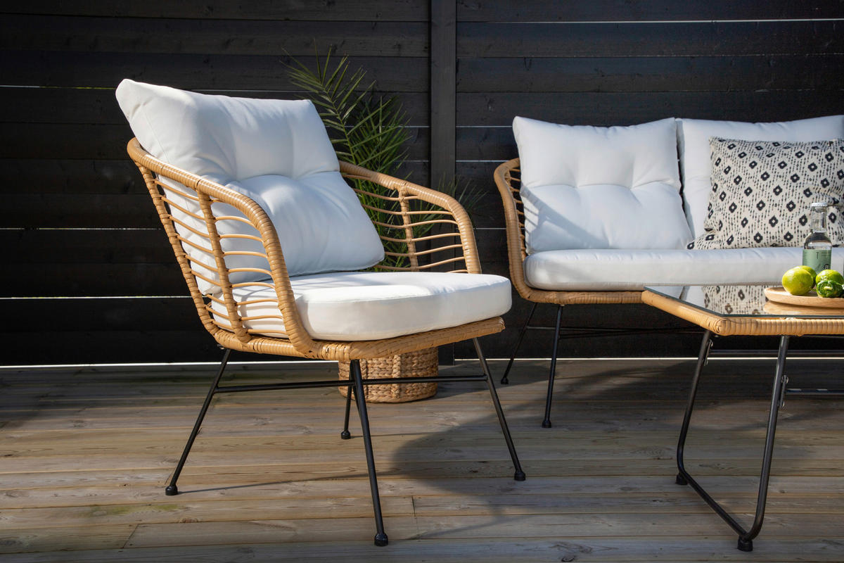 LOUNGEGARNITUR   Stahl  - Beige/Schwarz, KONVENTIONELL, Glas/Kunststoff - Gardenson