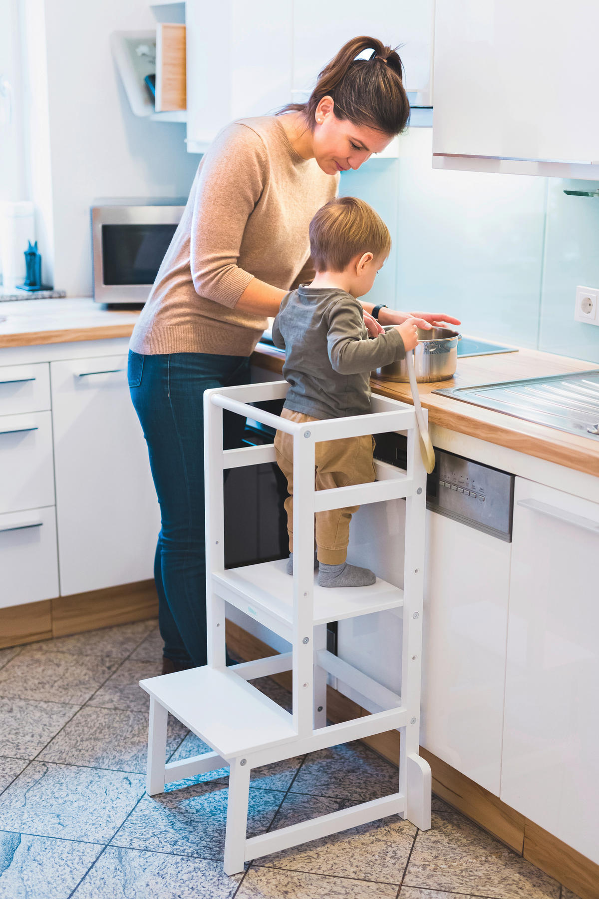 UČIACA VEŽA PRE DETI, buk, biela - biela, Basics, drevo (90/40/46cm) - Fillikid
