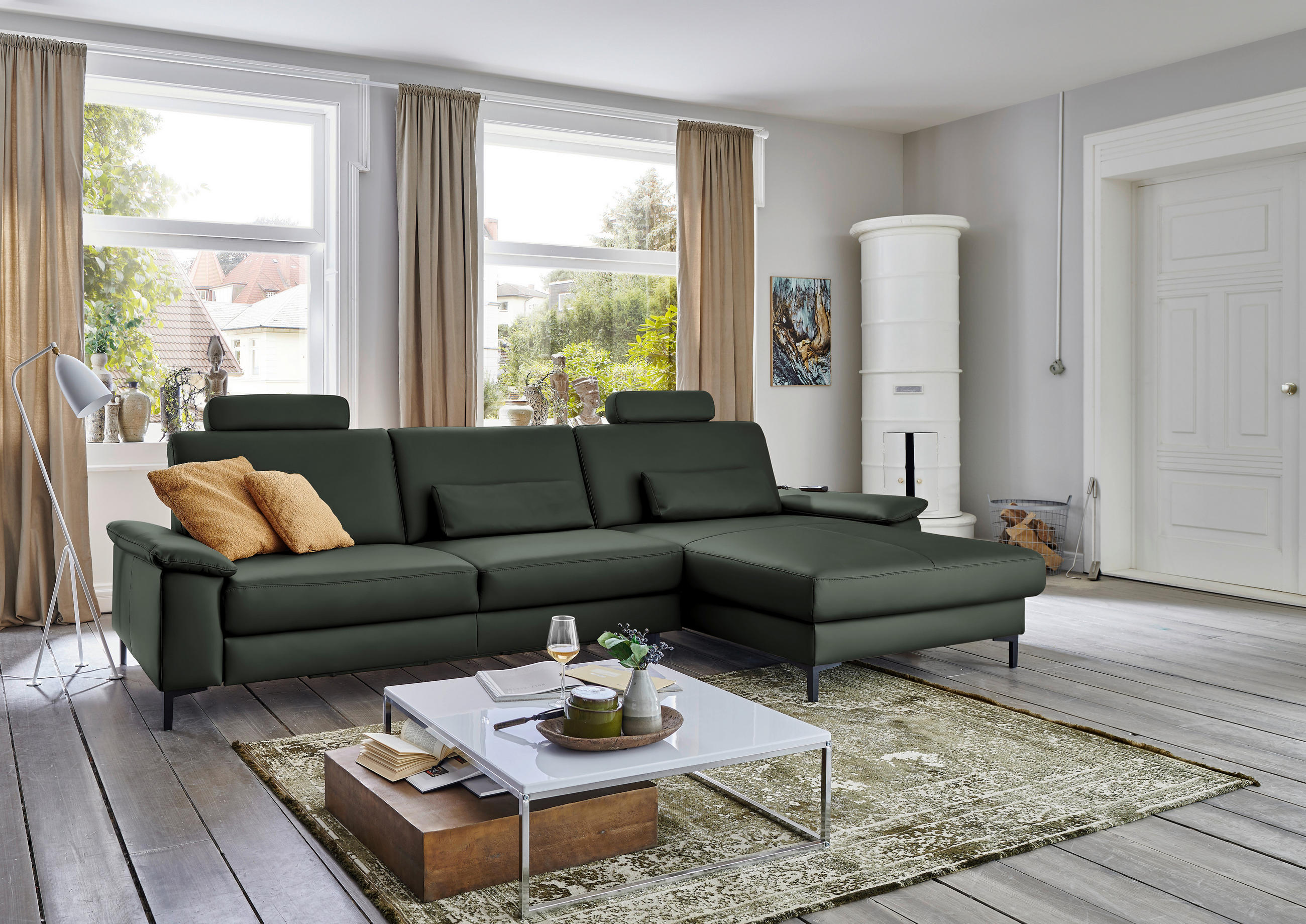 ECKSOFA in Echtleder Dunkelgrün  - Dunkelgrün/Schwarz, Design, Leder/Metall (334/176cm) - Dieter Knoll