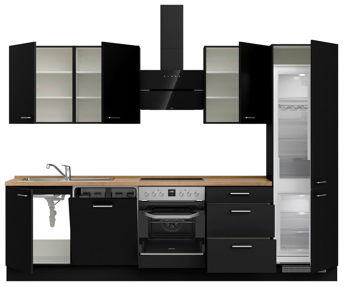 KÜCHENBLOCK 300 cm   in Schwarz, Eichefarben  - Edelstahlfarben/Eichefarben, MODERN, Holzwerkstoff/Metall (300cm) - Nobilia