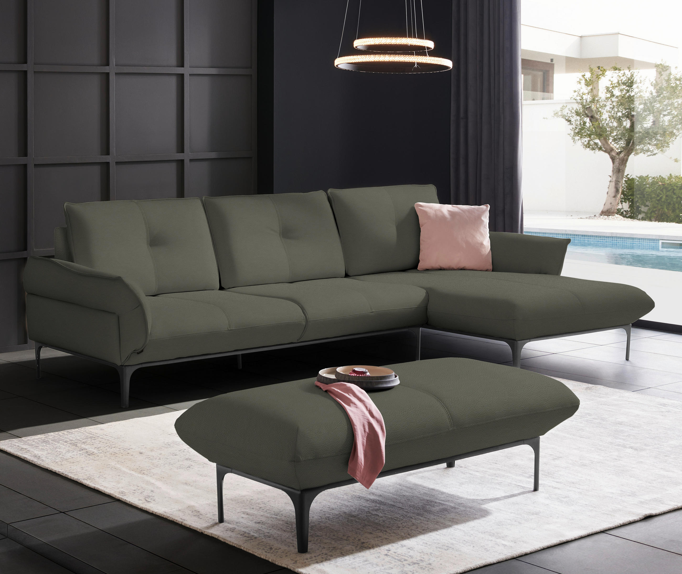 ECKSOFA in Echtleder Graubraun  - Graubraun/Schwarz, Design, Leder/Metall (319/182cm) - Valnatura