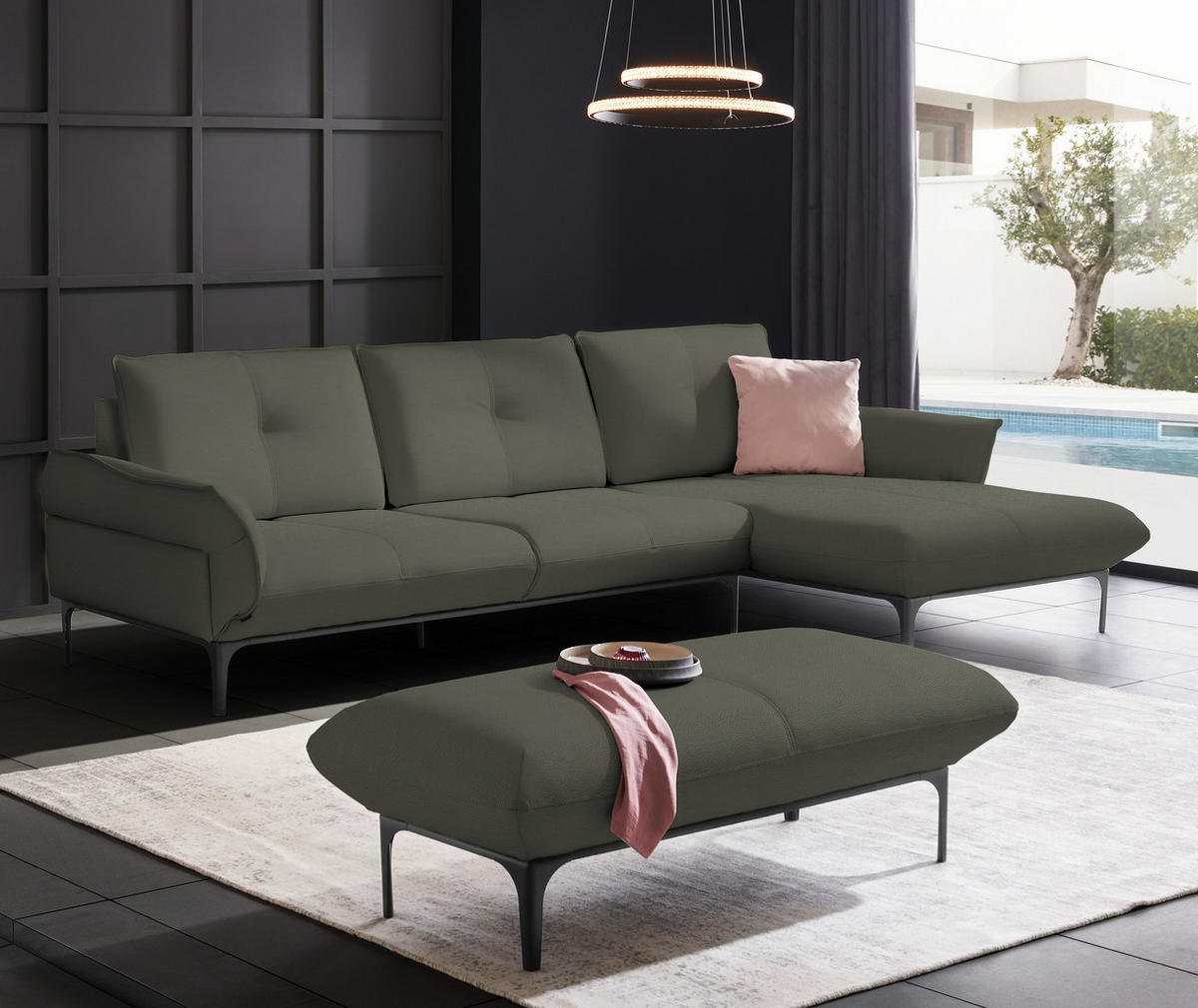 ECKSOFA in Echtleder Graubraun  - Graubraun/Schwarz, Design, Leder/Metall (319/182cm) - Valnatura