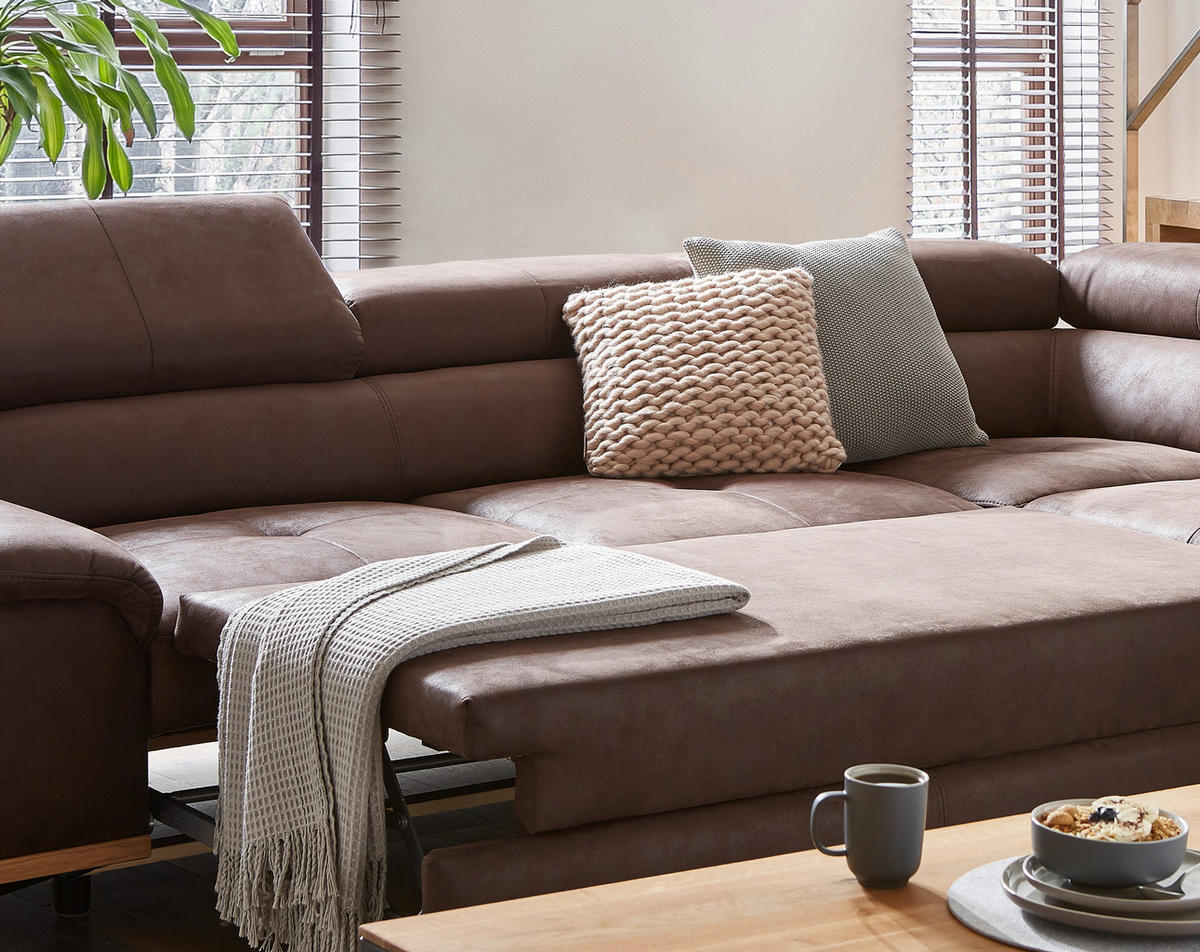 ECKSOFA inkl.Funktionen Dunkelbraun Lederlook  - Dunkelbraun/Schwarz, Natur, Holz/Textil (282/226cm) - Novel