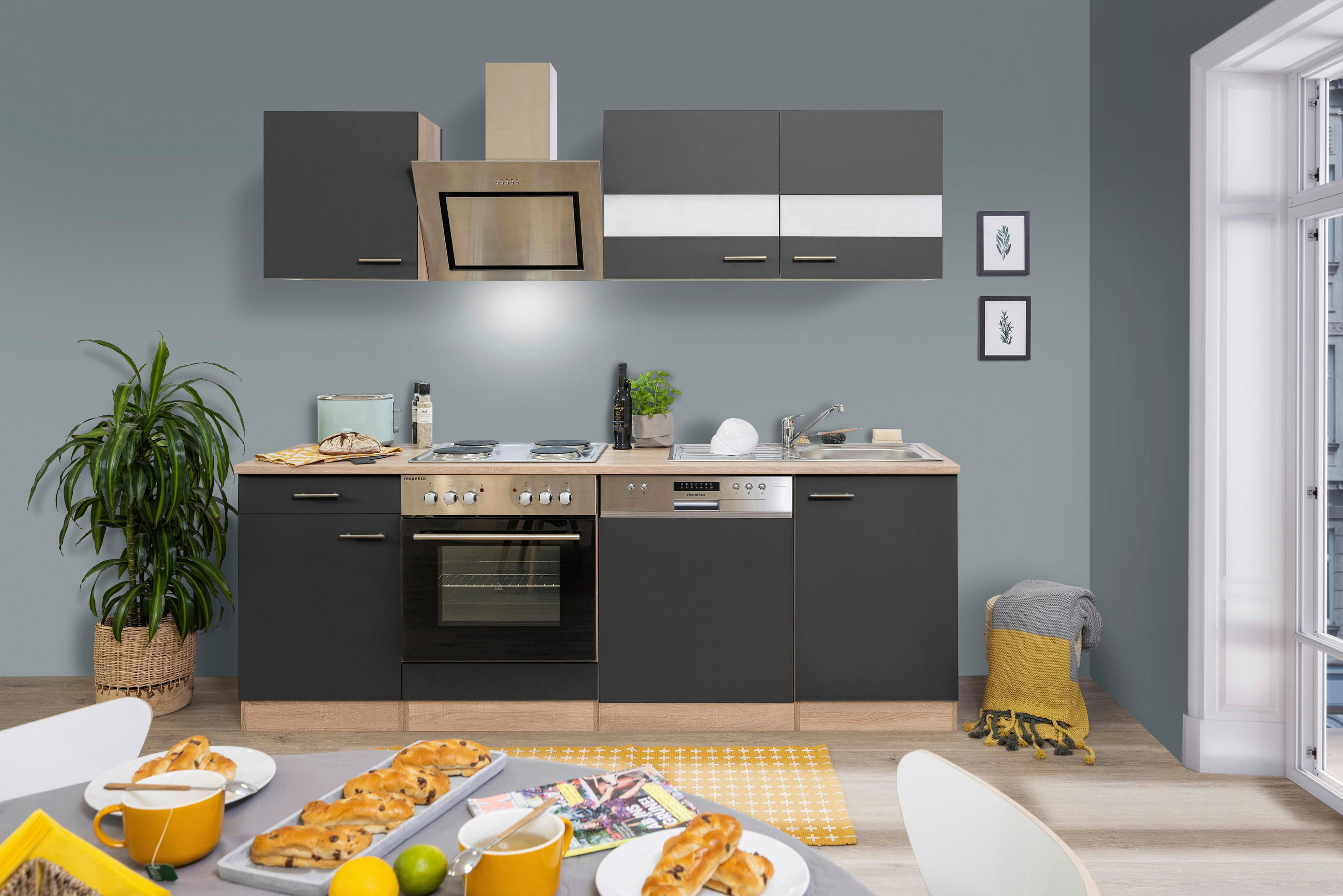 KÜCHENBLOCK 220 cm   in Grau  - Edelstahlfarben/Eichefarben, Basics, Holzwerkstoff/Metall (220cm) - Respekta