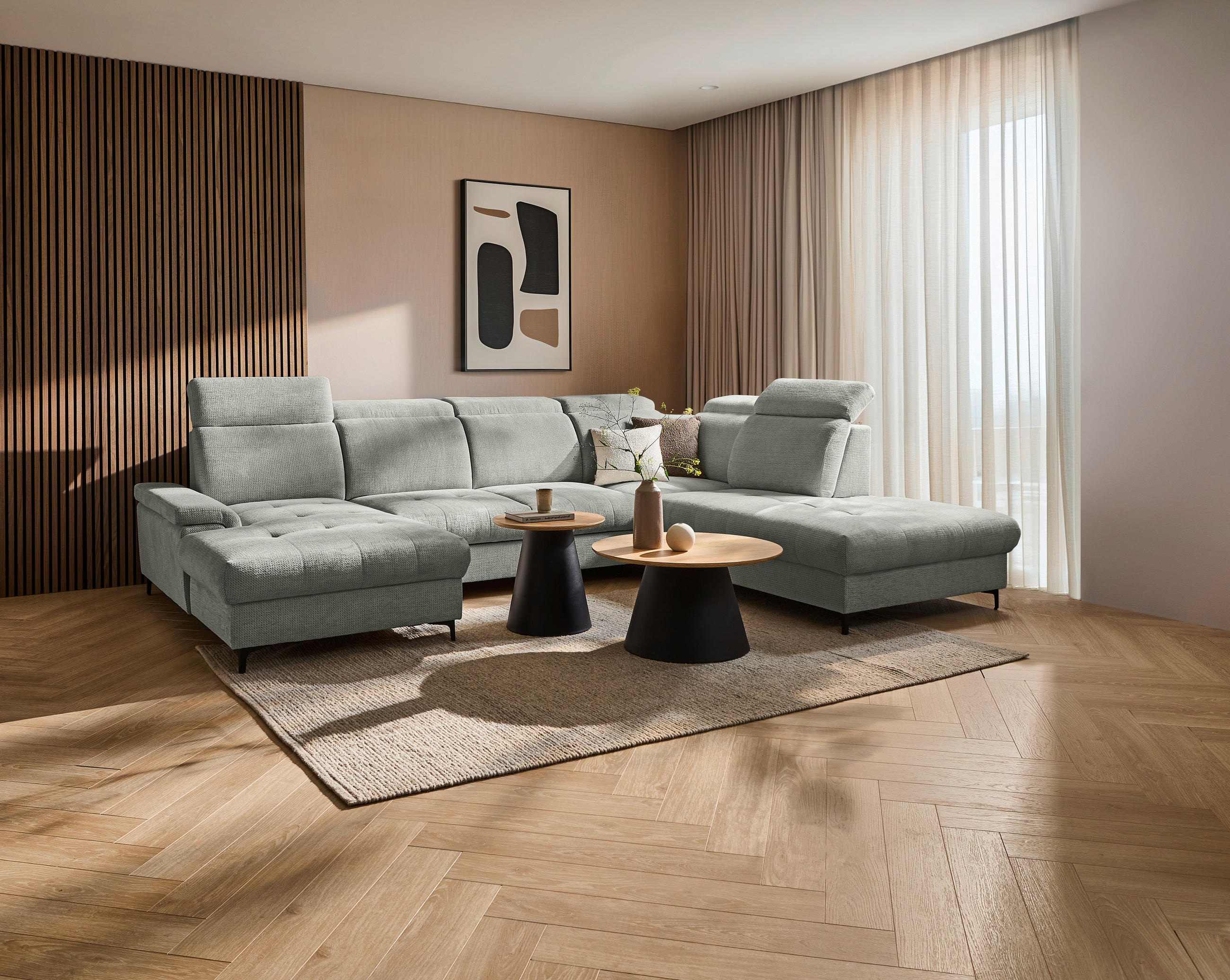 WOHNLANDSCHAFT Grau, Hellgrau Struktur  - Hellgrau/Schwarz, Design, Textil/Metall (190/364/270cm) - Stylife