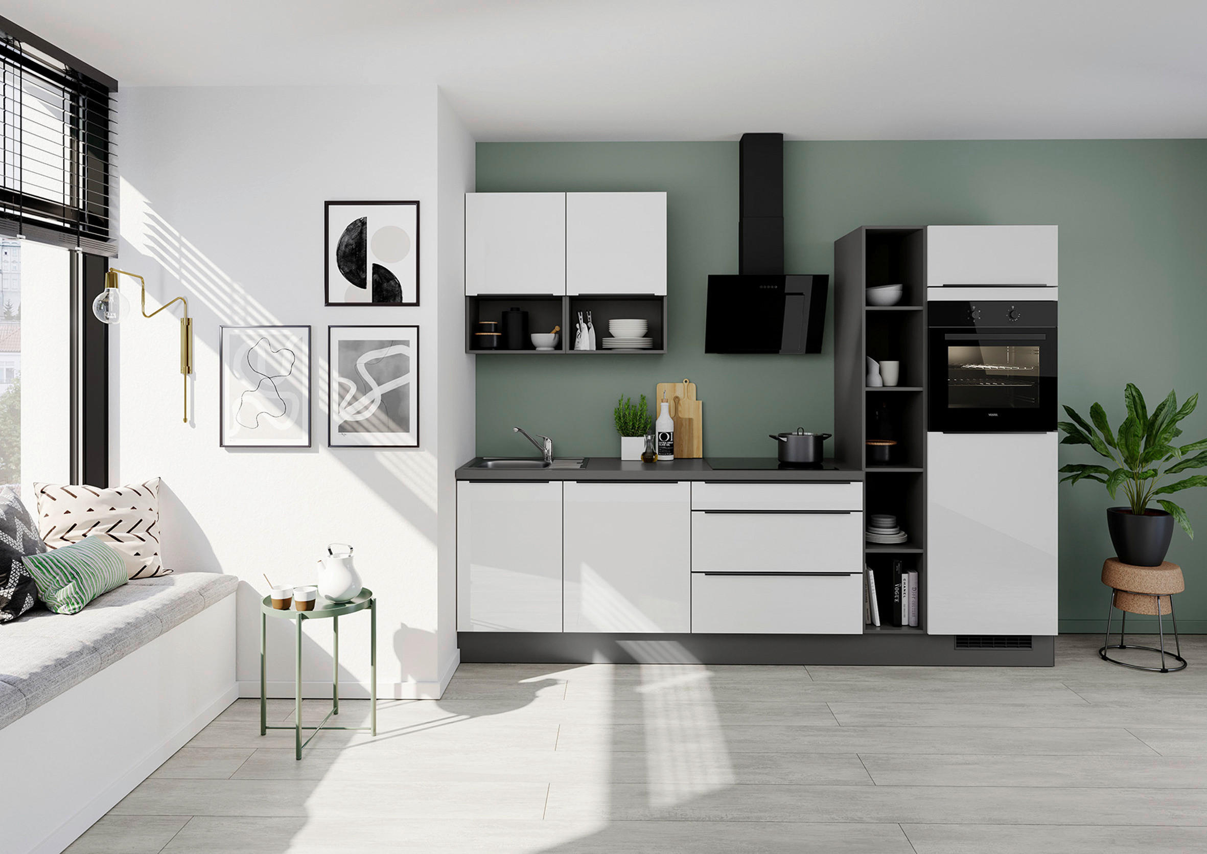 KÜCHENLEERBLOCK 280 cm   Weiss Hochglanz  - Weiss Hochglanz/Dunkelgrau, Design, Holzwerkstoff/Metall (280cm) - Impuls