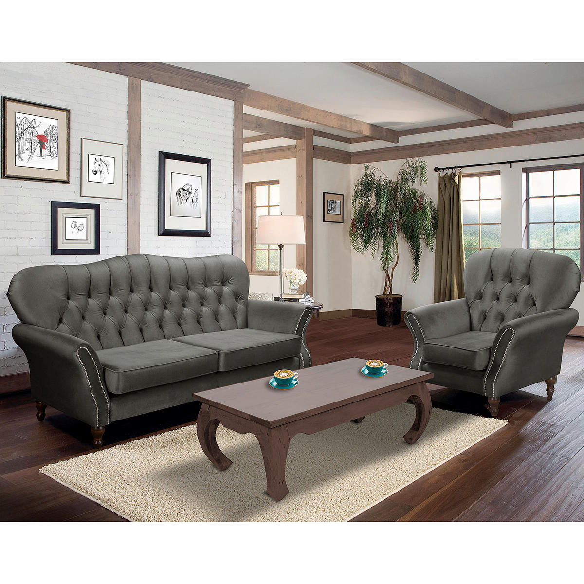 3-SITZER-SOFA Jersey in Velours Graphitfarben  - Dunkelbraun/Graphitfarben, Design, Holz/Textil (210/98/95cm) - P & B