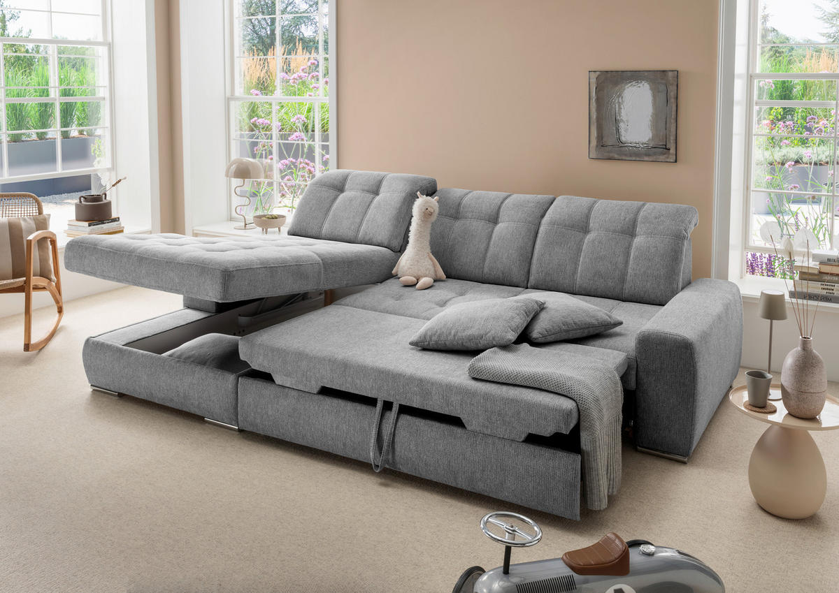ECKSOFA FRIDO Dunkelgrau Chenille Bettkasten, Schlaffunktion, Kopfteilverstellung, Sitztiefenverstellung  - Chromfarben/Dunkelgrau, KONVENTIONELL, Textil/Metall (186/283cm) - Livetastic