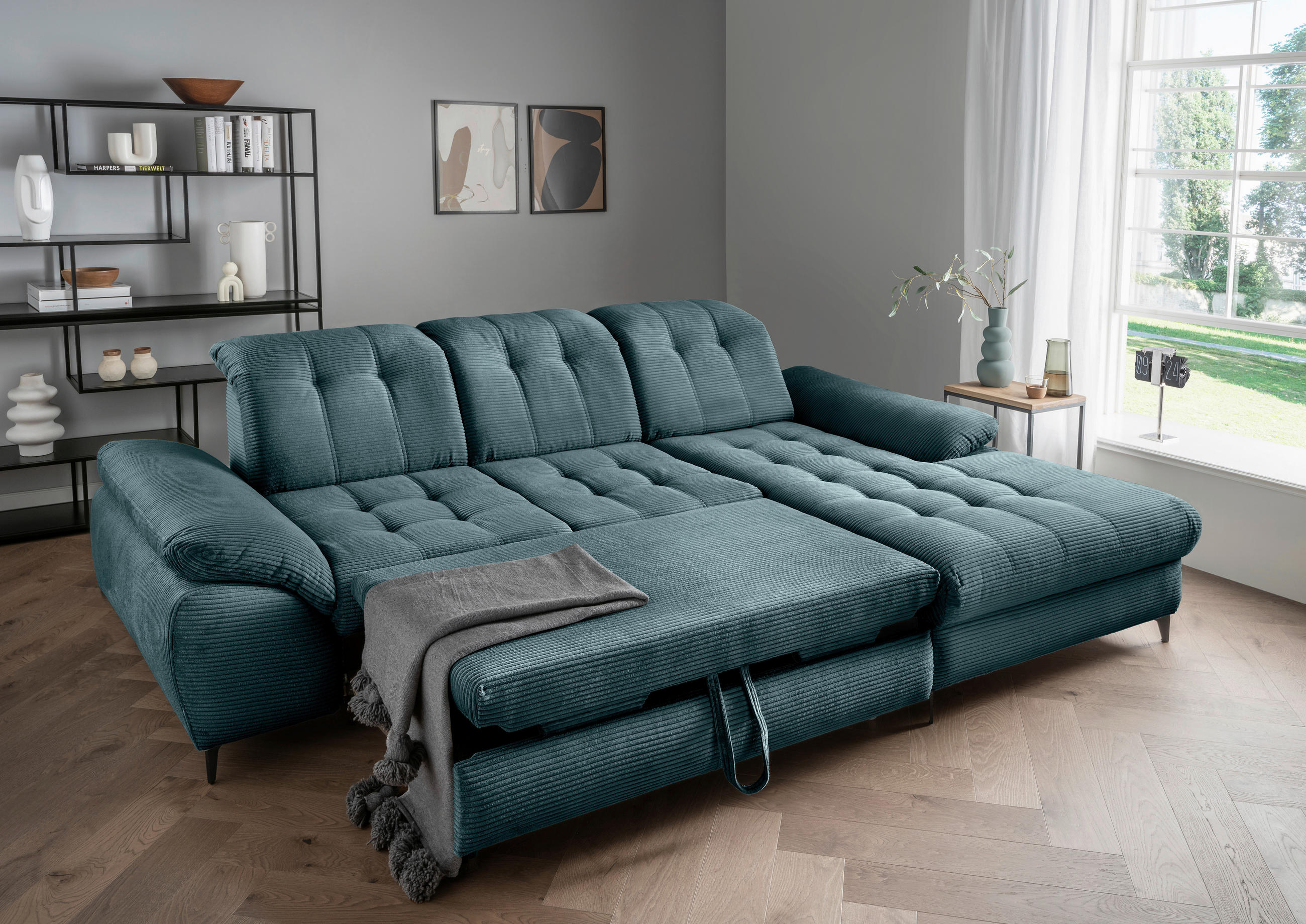 ECKSCHLAFSOFA in Cord Petrol  - Petrol/Schwarz, Modern, Textil/Metall (273/189cm) - Livetastic