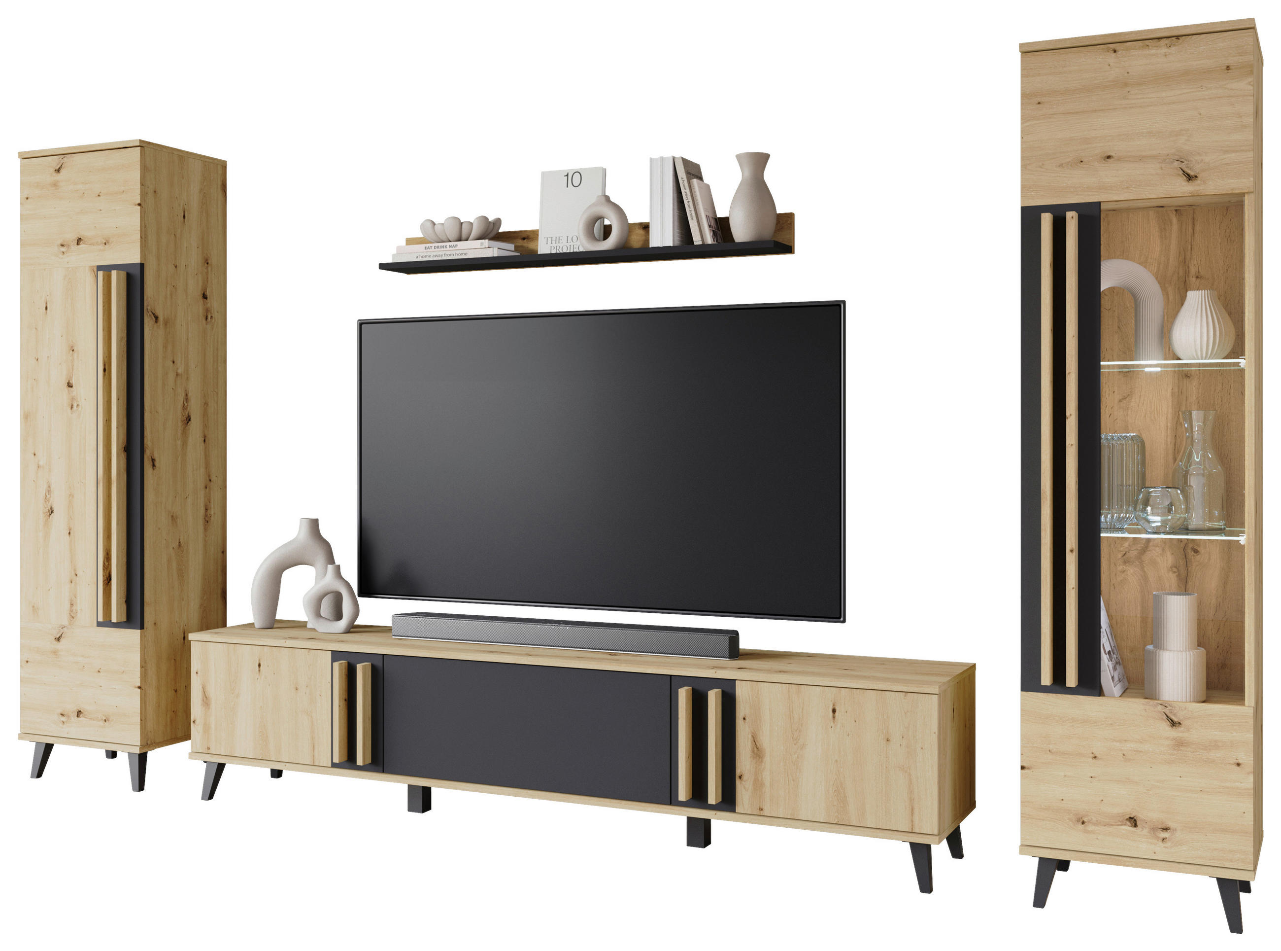 WOHNWAND 4-teilig  in Eiche Artisan  260/159,5/33 cm  - Schwarz/Eiche Artisan, Trend, Glas/Holzwerkstoff (260/159,5/33cm) - P & B