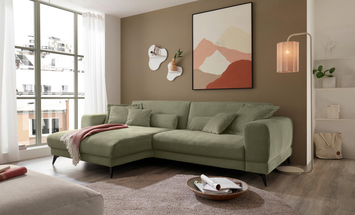 ECKSOFA Grün Chenille  - Schwarz/Grün, KONVENTIONELL, Textil/Metall (194/292cm) - SetOne by Musterring