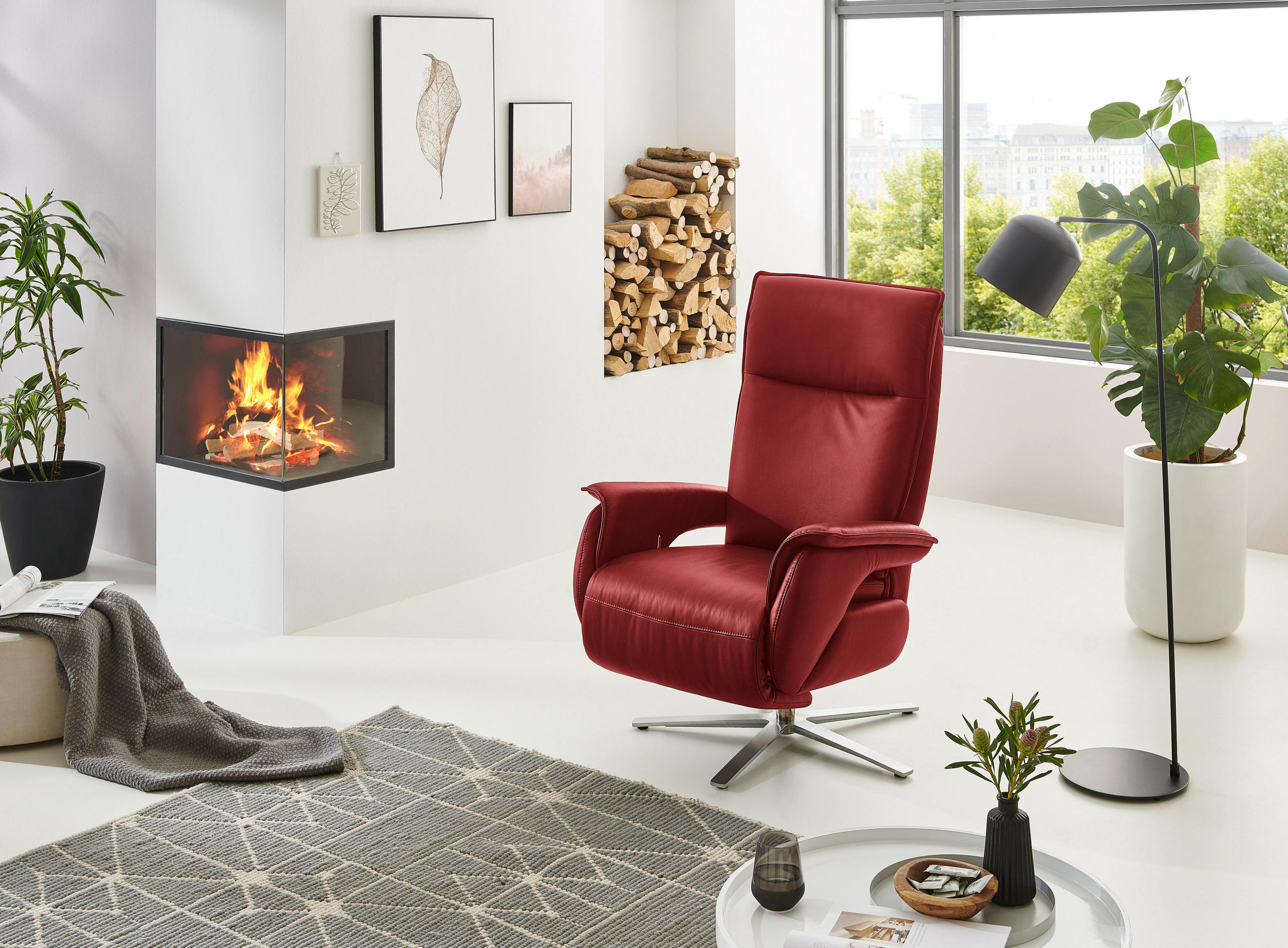 FERNSEHSESSEL Echtleder Rot  - Edelstahlfarben/Rot, MODERN, Leder/Metall (77/116/80cm) - Livetastic