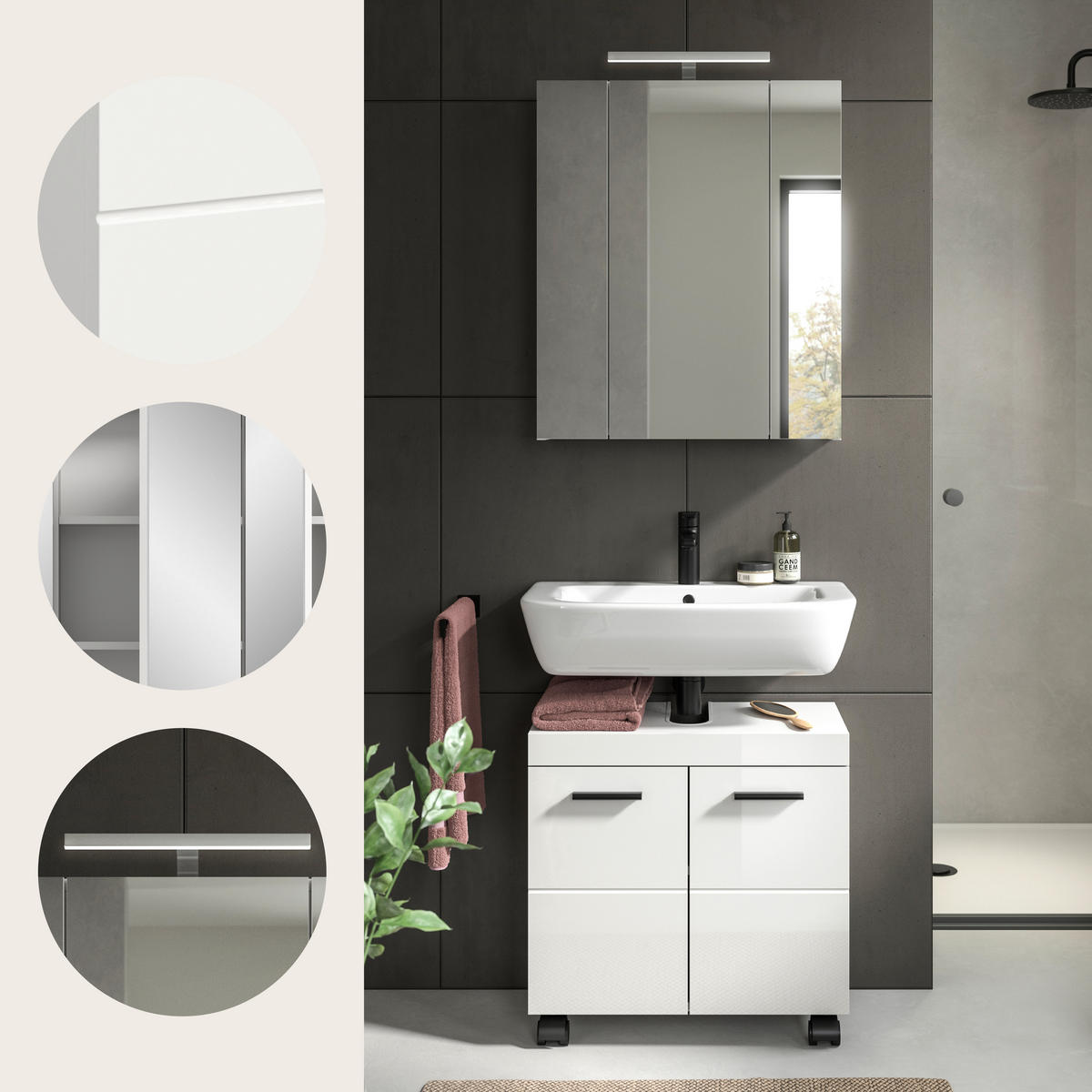 BADEZIMMER 2-teilig  in 60 cm  - Weiß Hochglanz/Schwarz, Trend, Glas/Holzwerkstoff (60cm) - MID.YOU