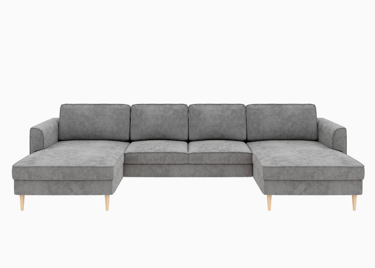 WOHNLANDSCHAFT Grau Cord  - Buchefarben/Grau, MODERN, Holz/Textil (161/306/161cm) - Trendmanufaktur