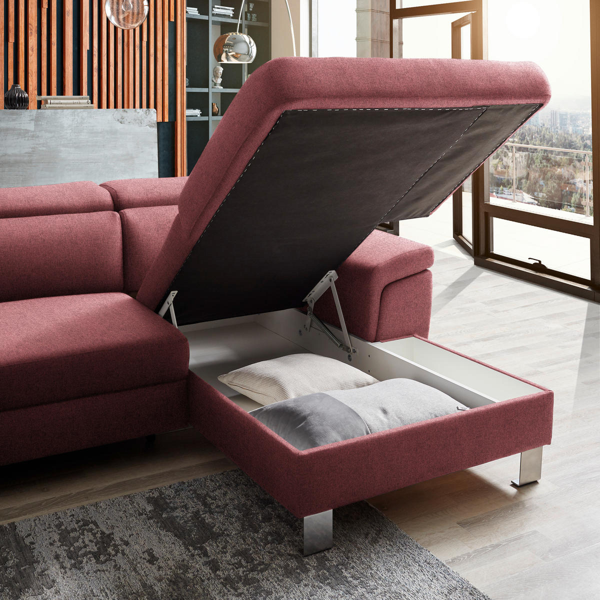 ECKSOFA in Webstoff Hellrot  - Hellrot/Silberfarben, Design, Textil/Metall (250/167cm) - Xora