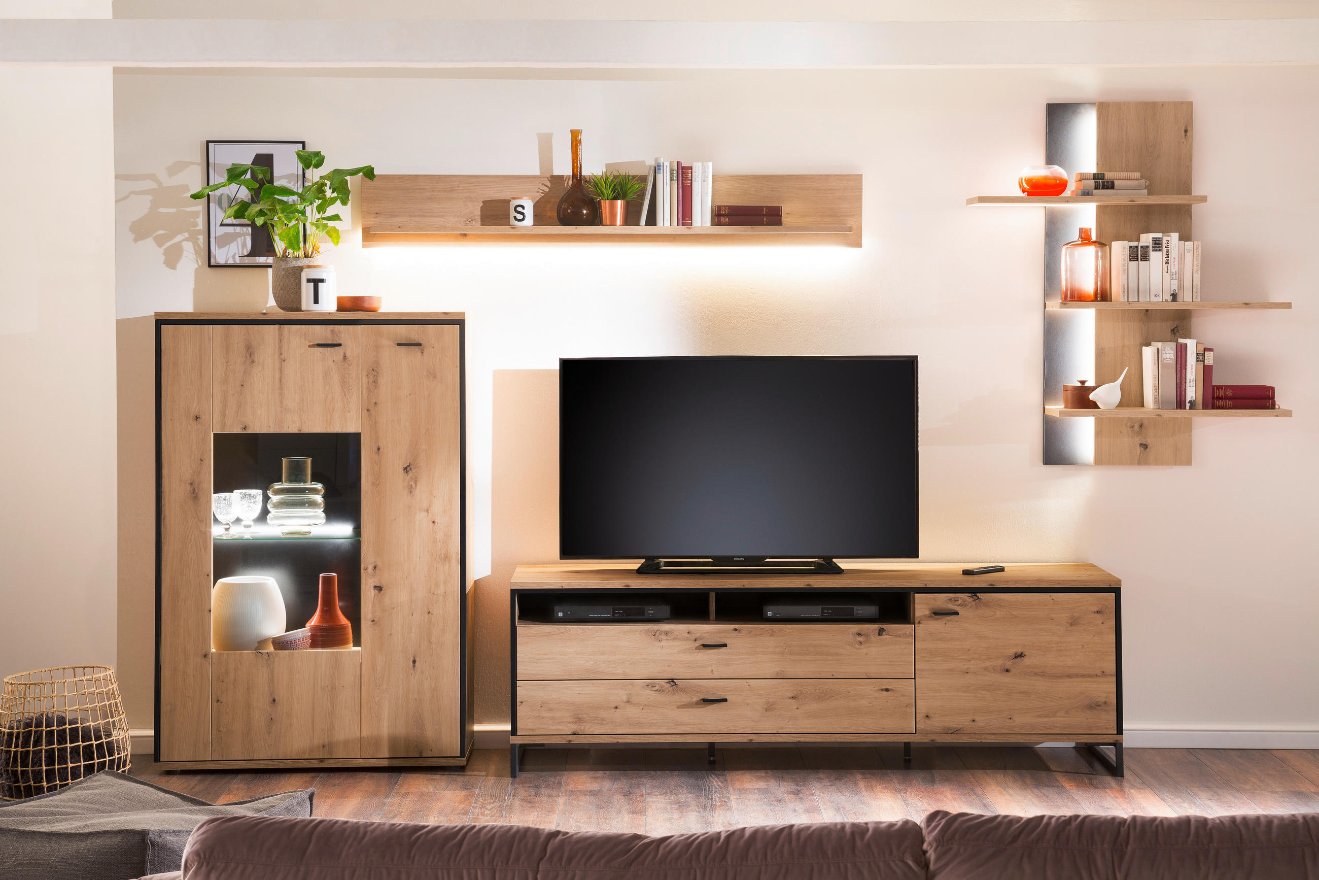WOHNWAND  in Anthrazit, Eichefarben  337/210/50 cm  - Eichefarben/Anthrazit, Design, Glas/Holzwerkstoff (337/210/50cm) - MID.YOU