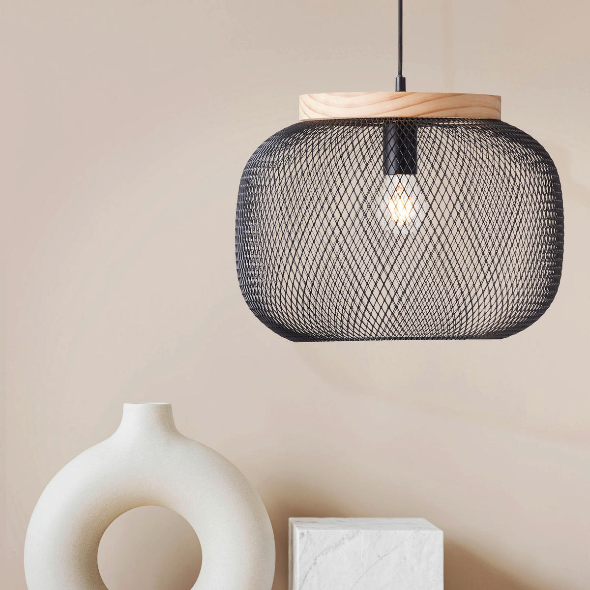 PENDELLEUCHTE 40/110 cm    - Schwarz/Kieferfarben, Basics, Holz/Metall (40/110cm) - Brilliant