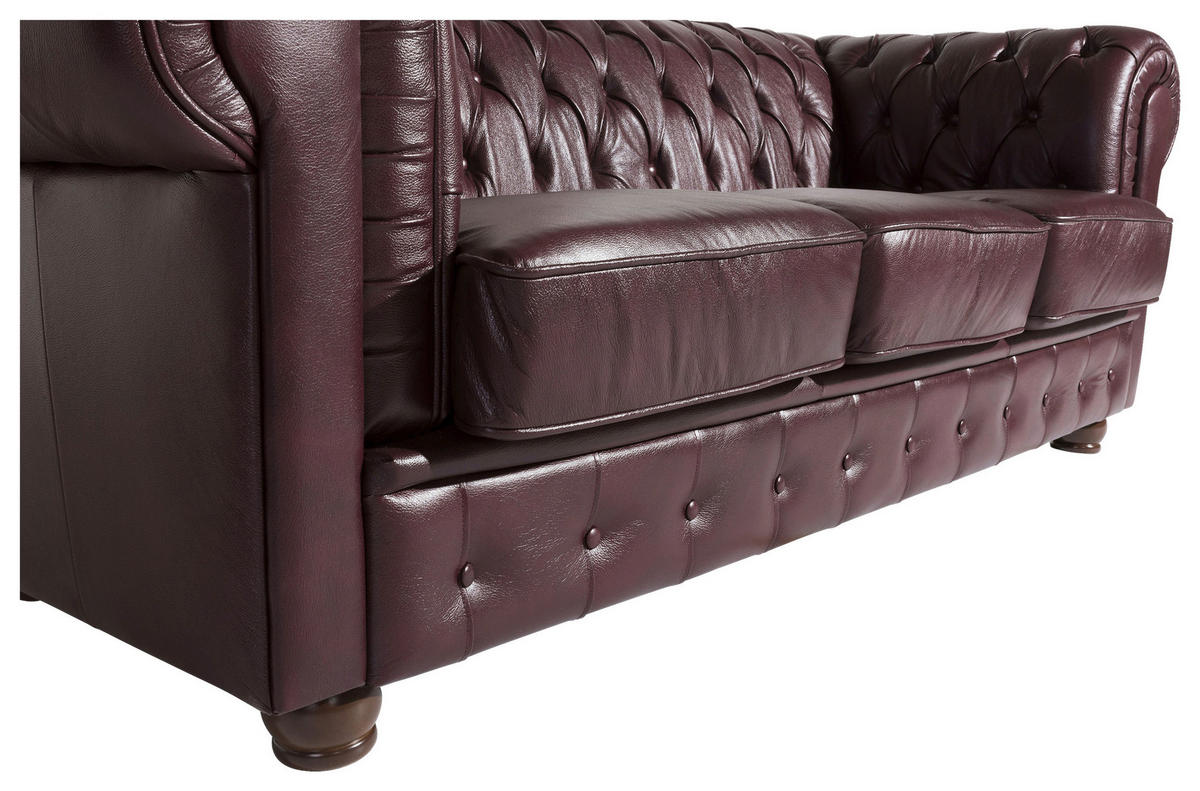 CHESTERFIELD-DREISITZER-SOFA in Echtleder Rot  - Rot/Nussbaumfarben, Design, Leder/Holz (200/76/98cm) - Max Winzer