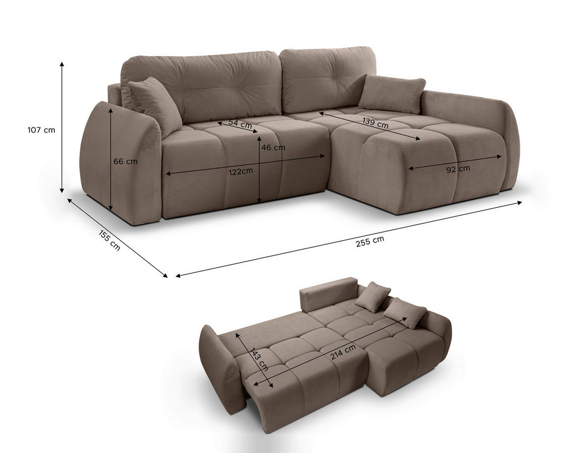 ECKSOFA Beigebraun Cord  - Beigebraun/Schwarz, Basics, Kunststoff/Textil (255/155cm) - MID.YOU