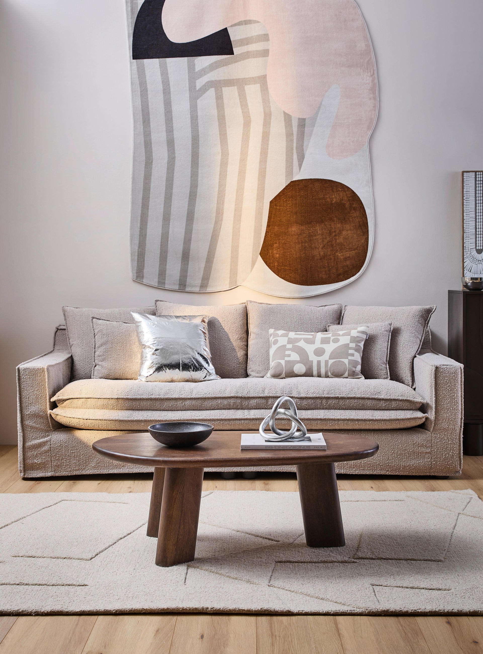 HUSSEN-3-SITZER-SOFA in Bouclé Beige - Beige/Schwarz, Trend, Kunststoff/Textil (227/92/105cm) - Livetastic