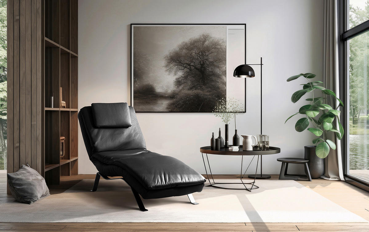 RELAXLIEGE in Echtleder Schwarz  - Silberfarben/Schwarz, Design, Leder/Metall (65/95/171cm) - Celina Home