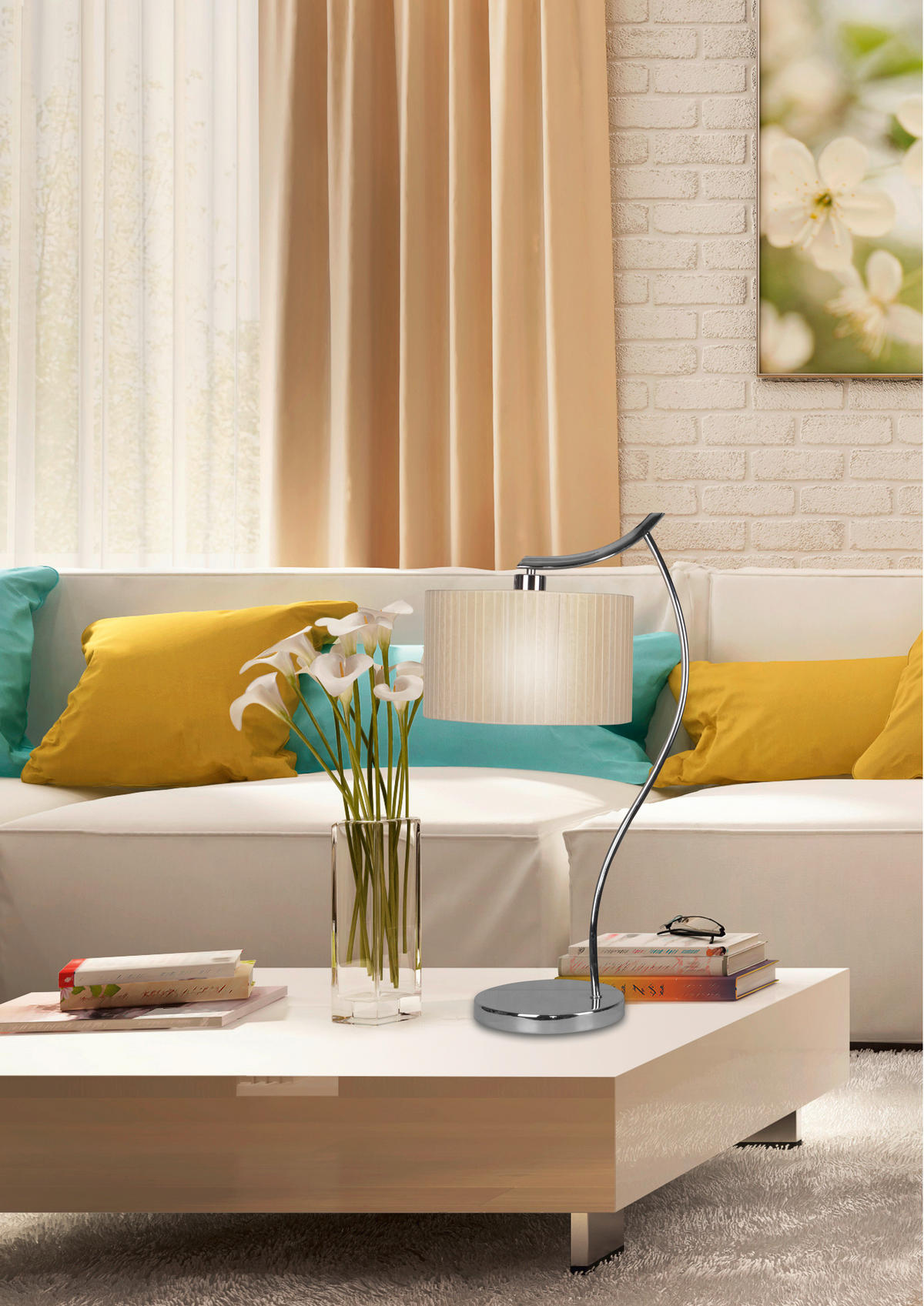 TISCHLEUCHTE 34/34/66 cm   - Chromfarben/Creme, KONVENTIONELL, Textil/Metall (34/34/66cm)