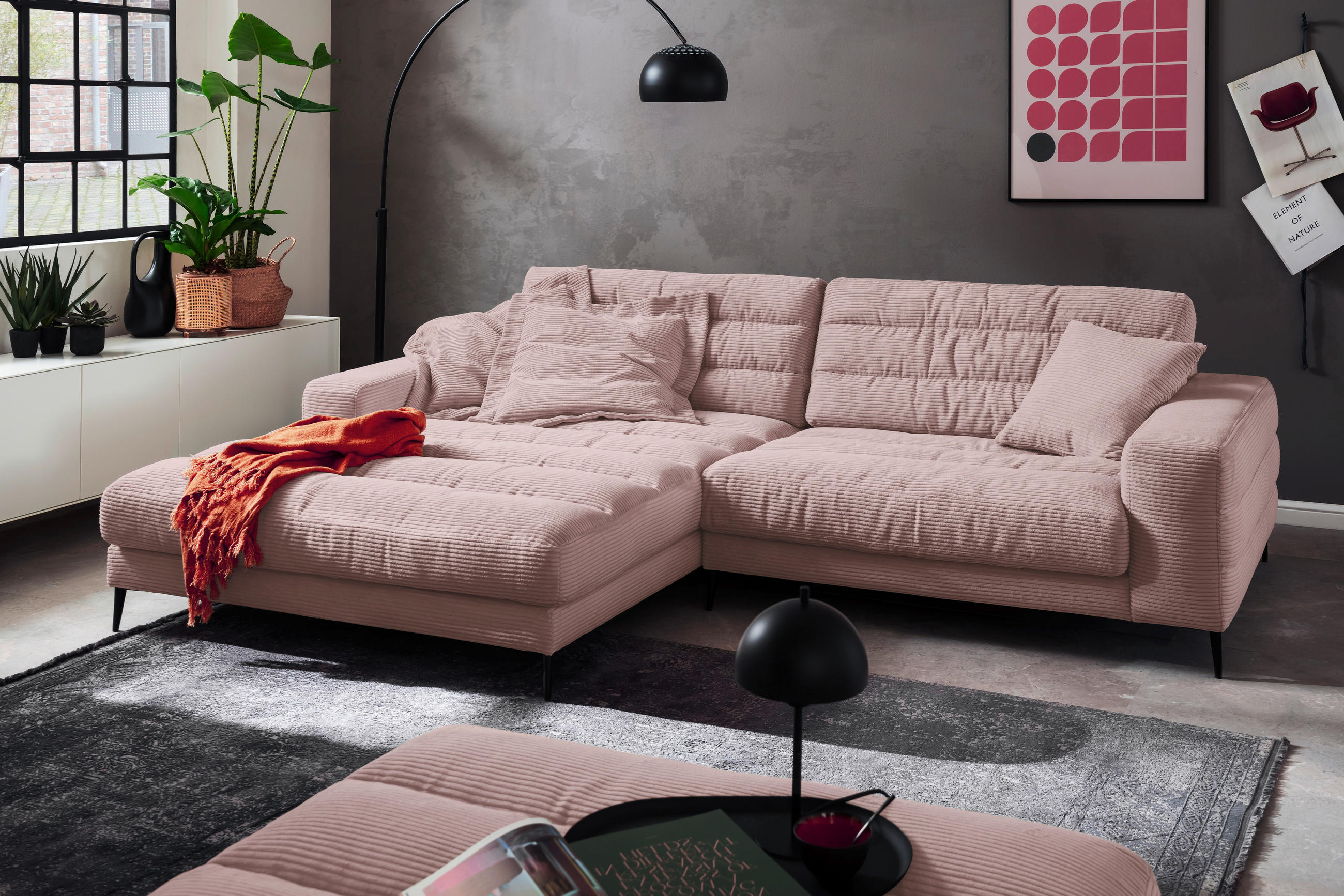 ECKSOFA Badia Rosa Cord  - Schwarz/Rosa, Design, Textil/Metall (207/296cm) - Dieter Knoll