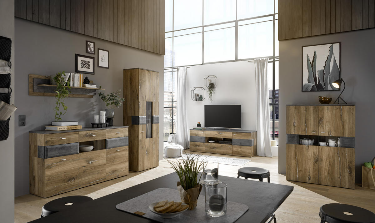 HIGHBOARD  in 100/128/42 cm  - Dunkelgrau/Eichefarben, KONVENTIONELL, Glas/Holzwerkstoff (100/128/42cm) - MID.YOU