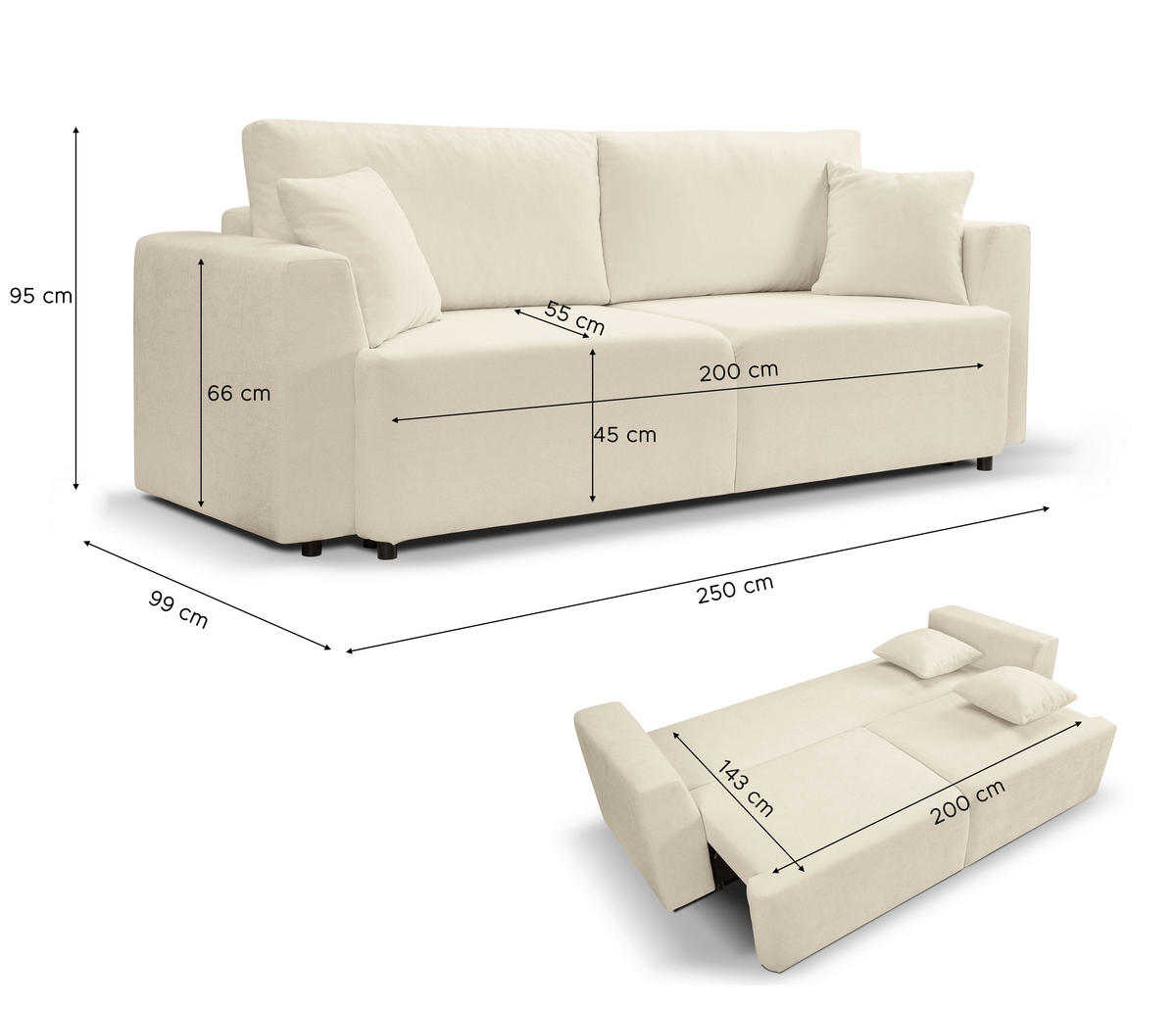 SCHLAFSOFA POINT  mit Liegefunktion, Schlafen auf Sitzhöhe Webstoff Creme  - Creme/Schwarz, Basics, Kunststoff/Textil (250/95/99cm) - MID.YOU
