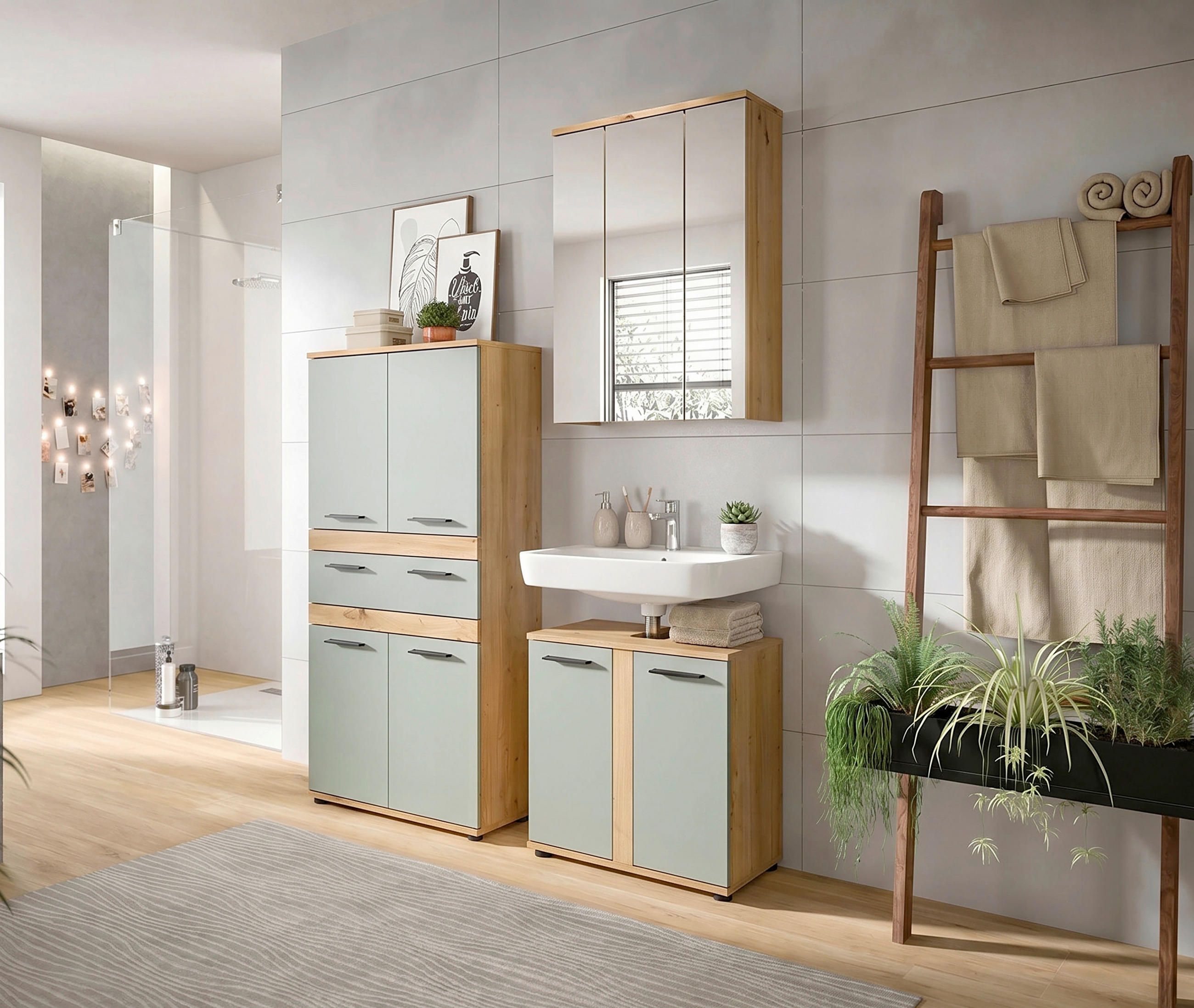 Mid.you Badezimmer Blake Salbeigrün, Eiche Artisan 145 cm