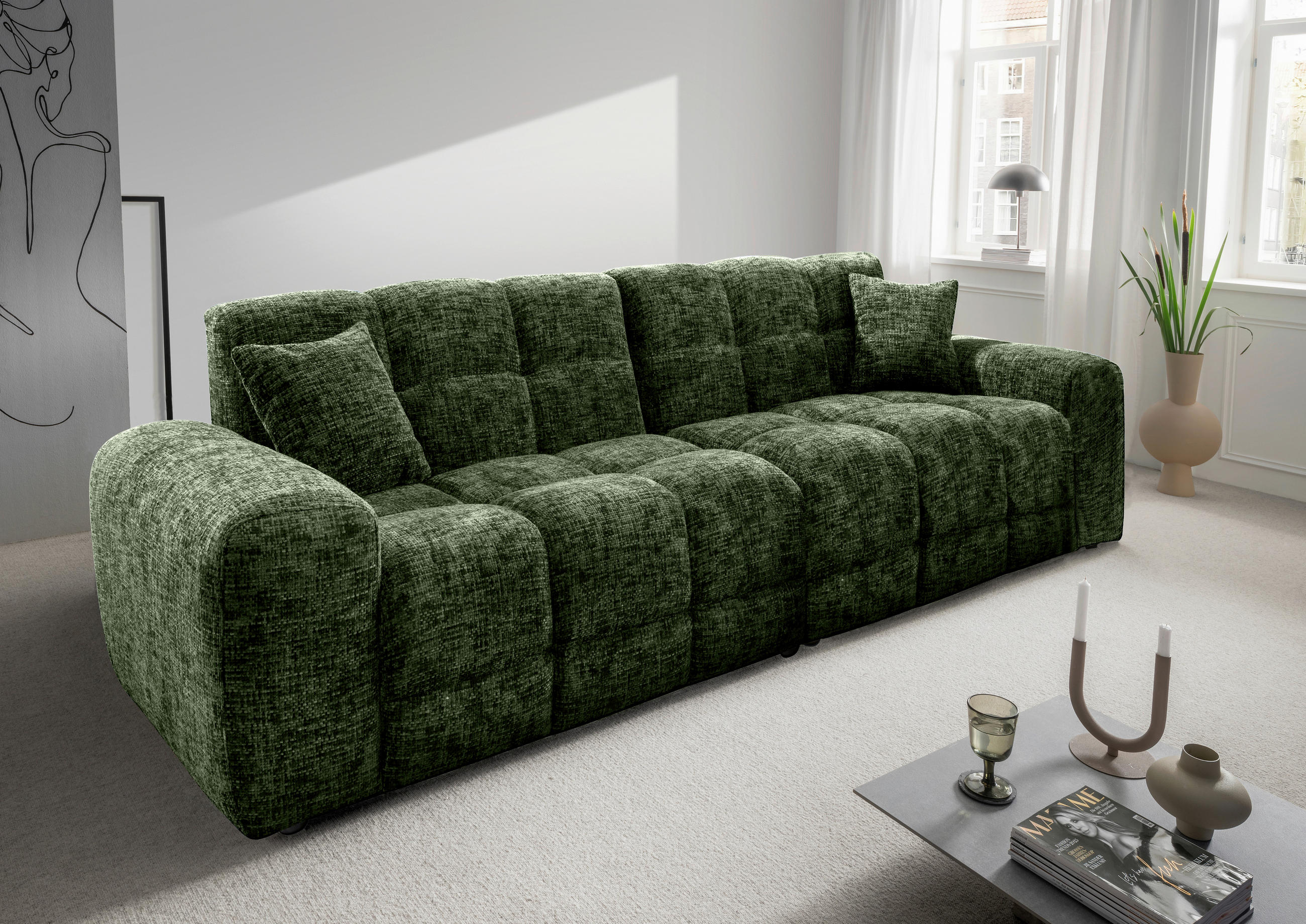 VIERSITZER-SOFA in Struktur Waldgrün  - Waldgrün/Schwarz, MODERN, Kunststoff/Textil (300/87/120cm) - Livetastic