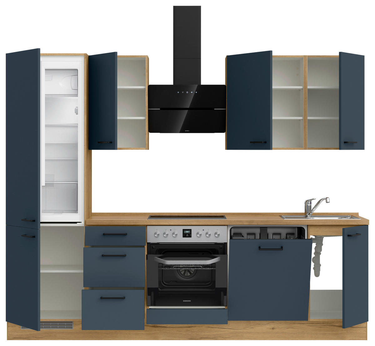 KÜCHENBLOCK Easytouch 270 cm  in Eichefarben, Dunkelblau  - Eichefarben/Schwarz, MODERN, Holzwerkstoff/Metall (270cm) - Nobilia