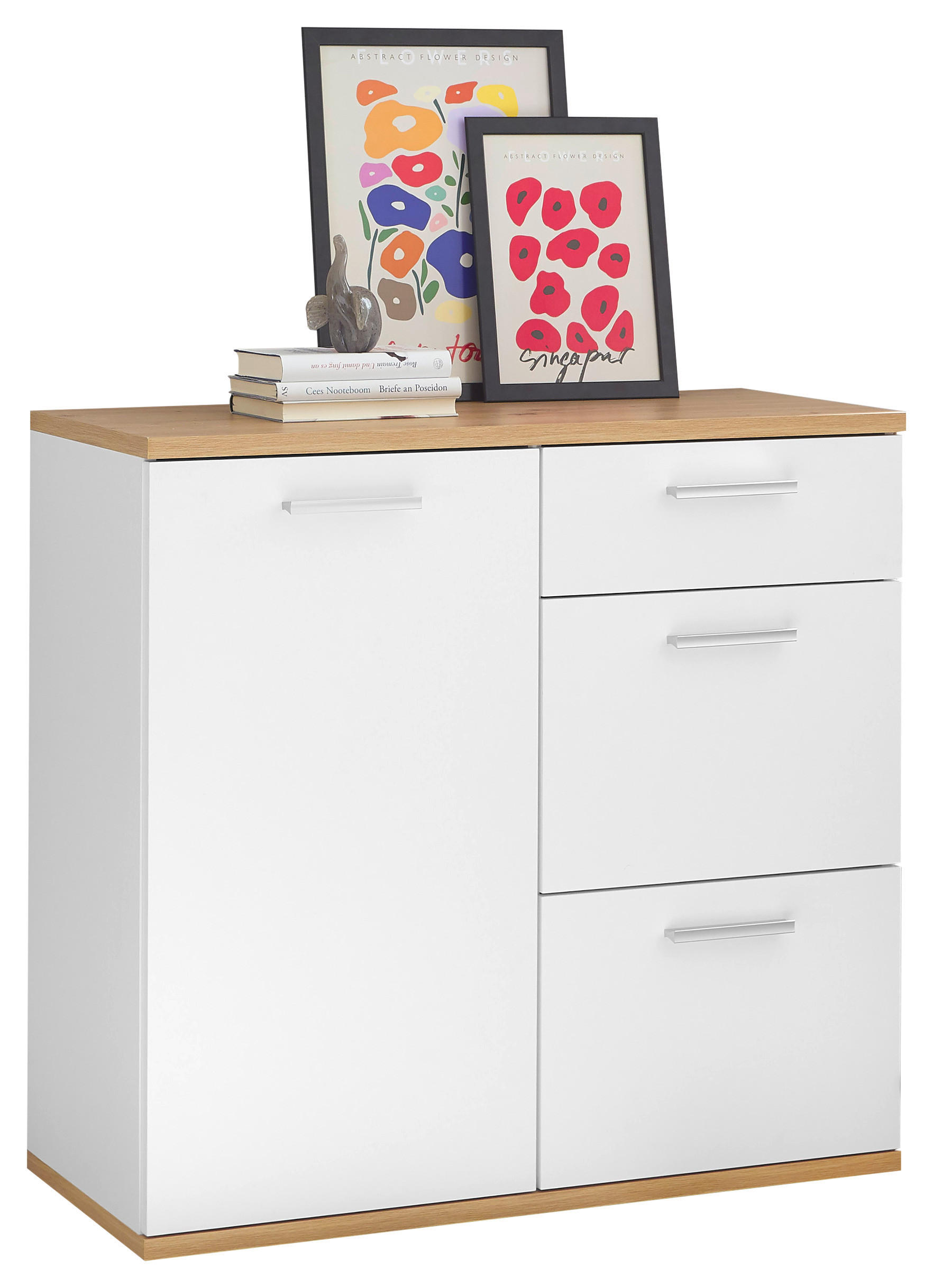 KOMODA, bílá, dub artisan, 95/86/38 cm - bílá/barvy stříbra, Design, kompozitní dřevo/plast (95/86/38cm) - MID.YOU