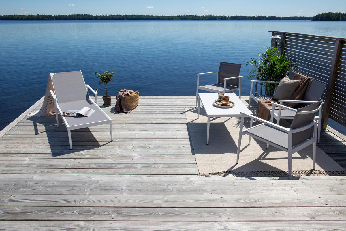 LOUNGEGARNITUR 4-teilig   Aluminium  - Weiß/Grau, KONVENTIONELL, Glas/Textil - Gardenson