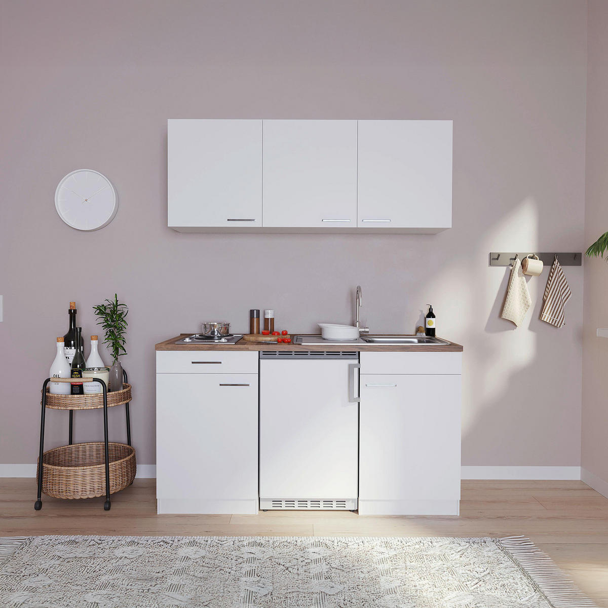MINIKÜCHE 150 cm   in Weiss  - Weiss/Nussbaumfarben, Basics, Holzwerkstoff/Kunststoff (150cm) - Respekta