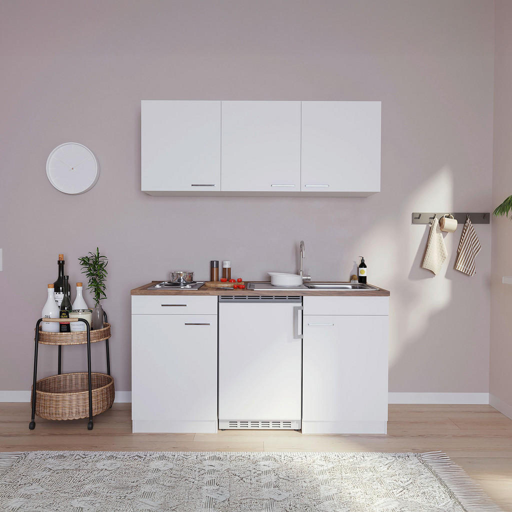 Miniküche Economy Mit Geräten 150 Cm Weiß/ Nussbaum Dekor